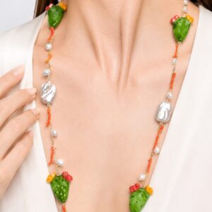 Collana Decoltè Ficodindia Ceramica Caltagirone Perle Corallo