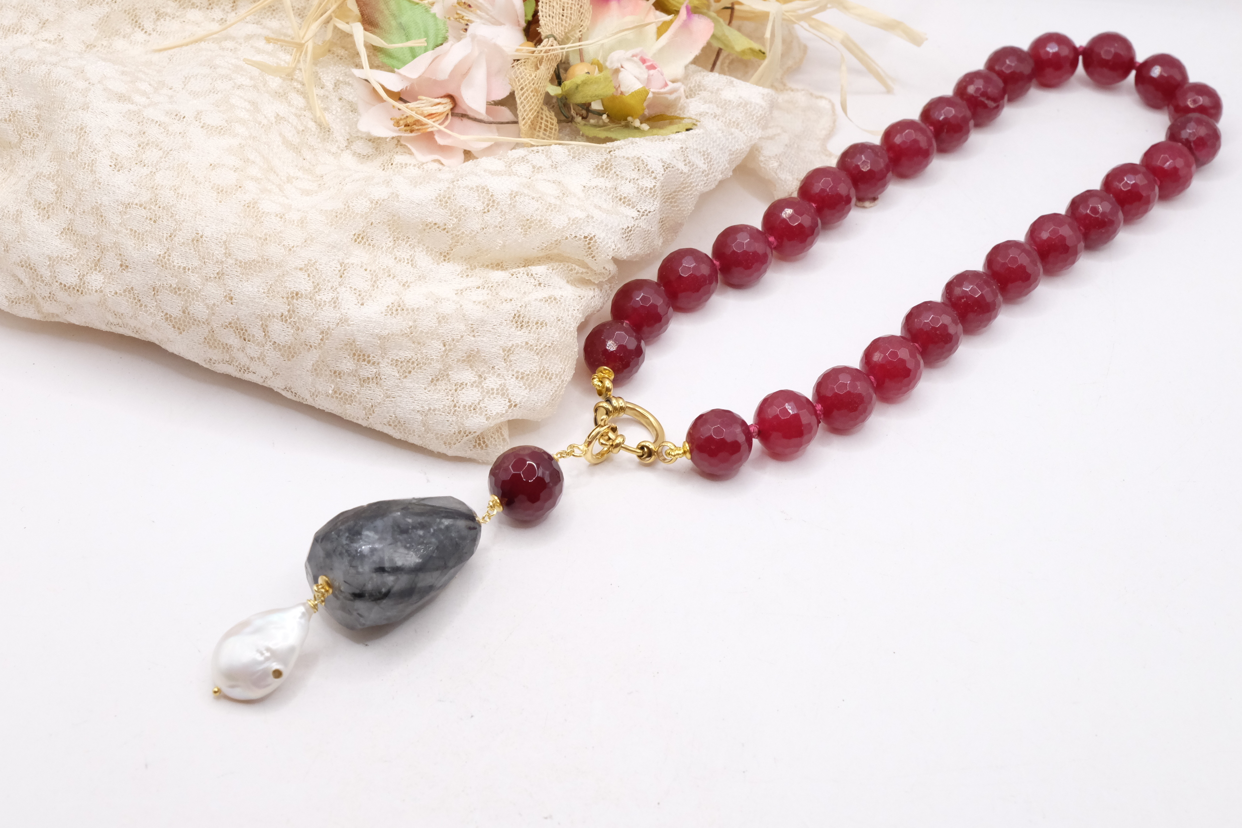 COLLANA GIADA BORGOGNA LABRADORITE PERLE ARGENTO PLACCATO ORO LAPIS LAPISLAZULI (5)