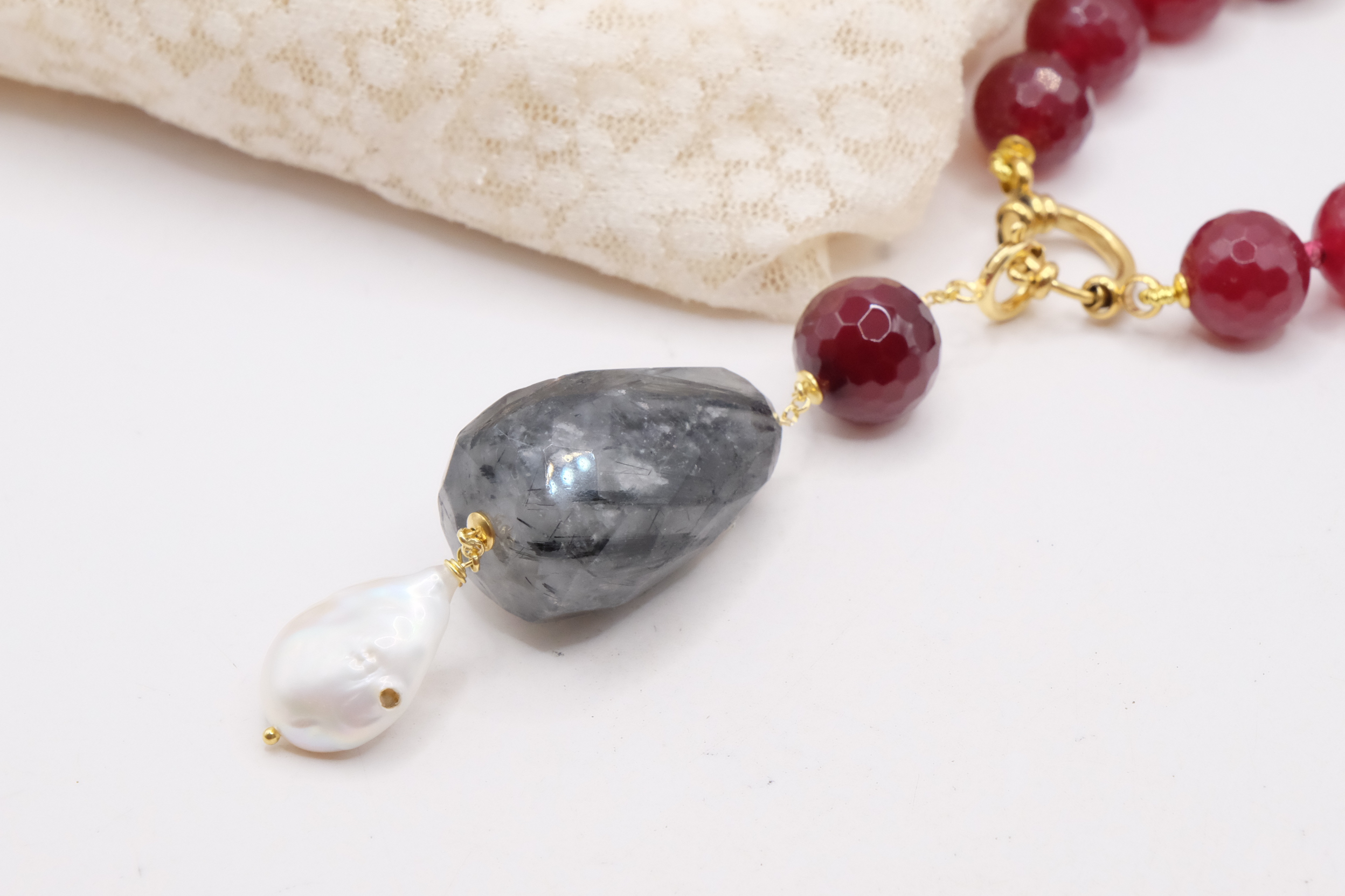 COLLANA GIADA BORGOGNA LABRADORITE PERLE ARGENTO PLACCATO ORO LAPIS LAPISLAZULI (6)