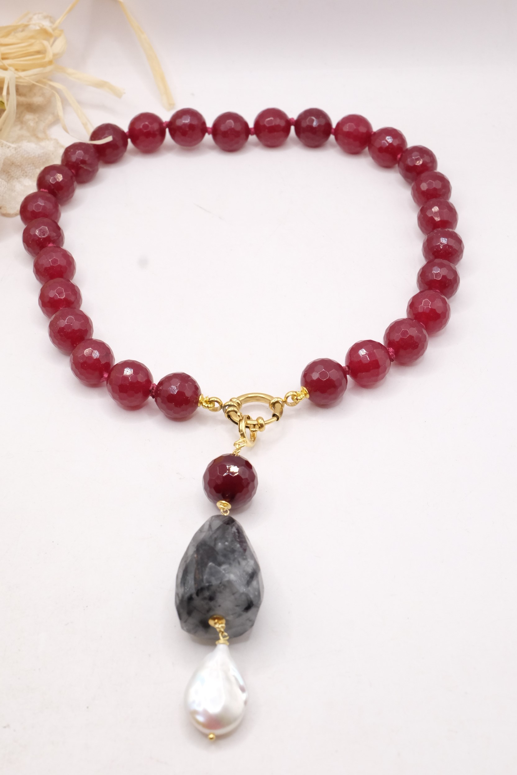 COLLANA GIADA BORGOGNA LABRADORITE PERLE ARGENTO PLACCATO ORO LAPIS LAPISLAZULI (8)