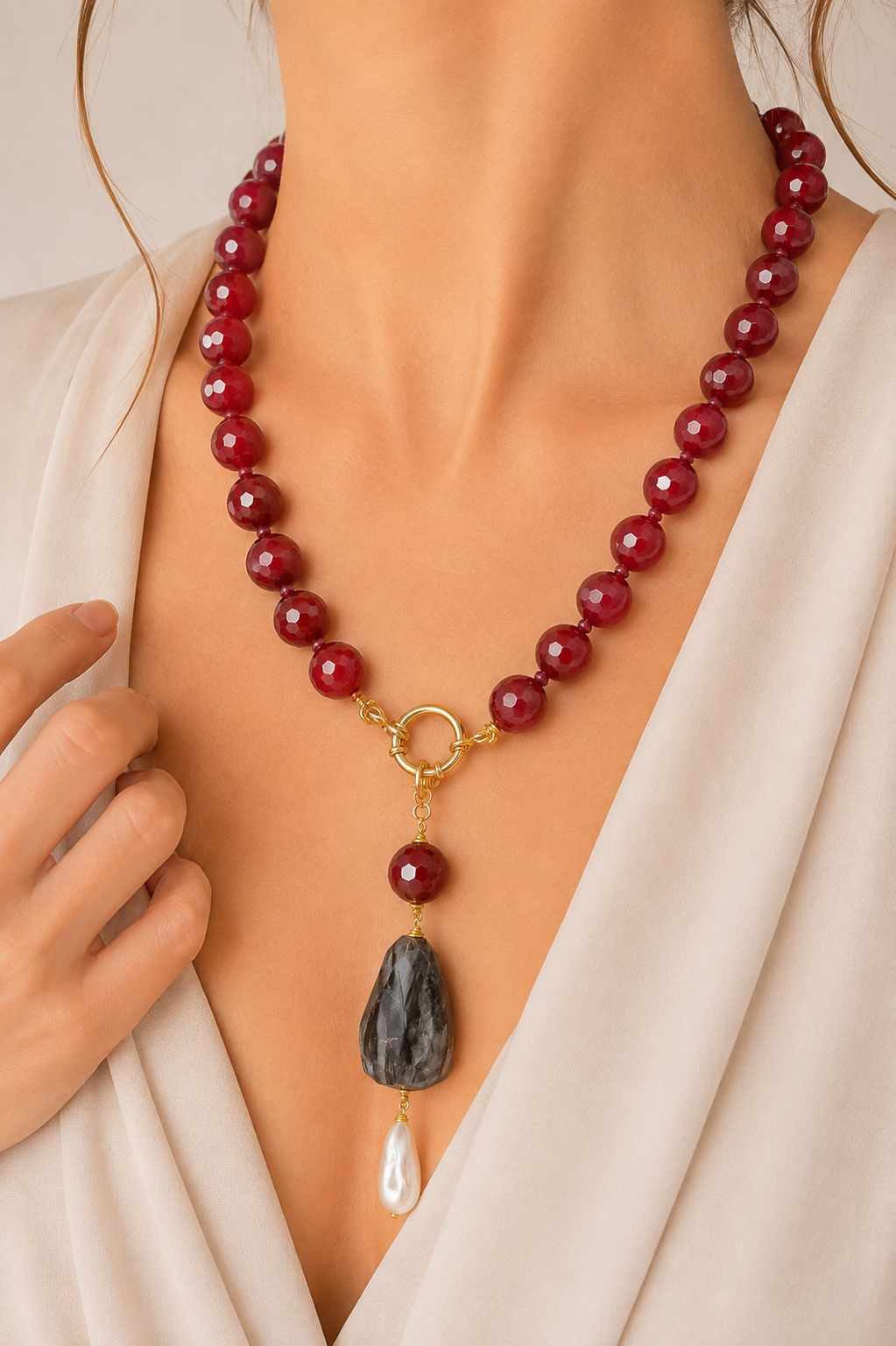 COLLANA GIADA BORGOGNA LABRADORITE PERLE ARGENTO PLACCATO ORO LAPIS LAPISLAZULI