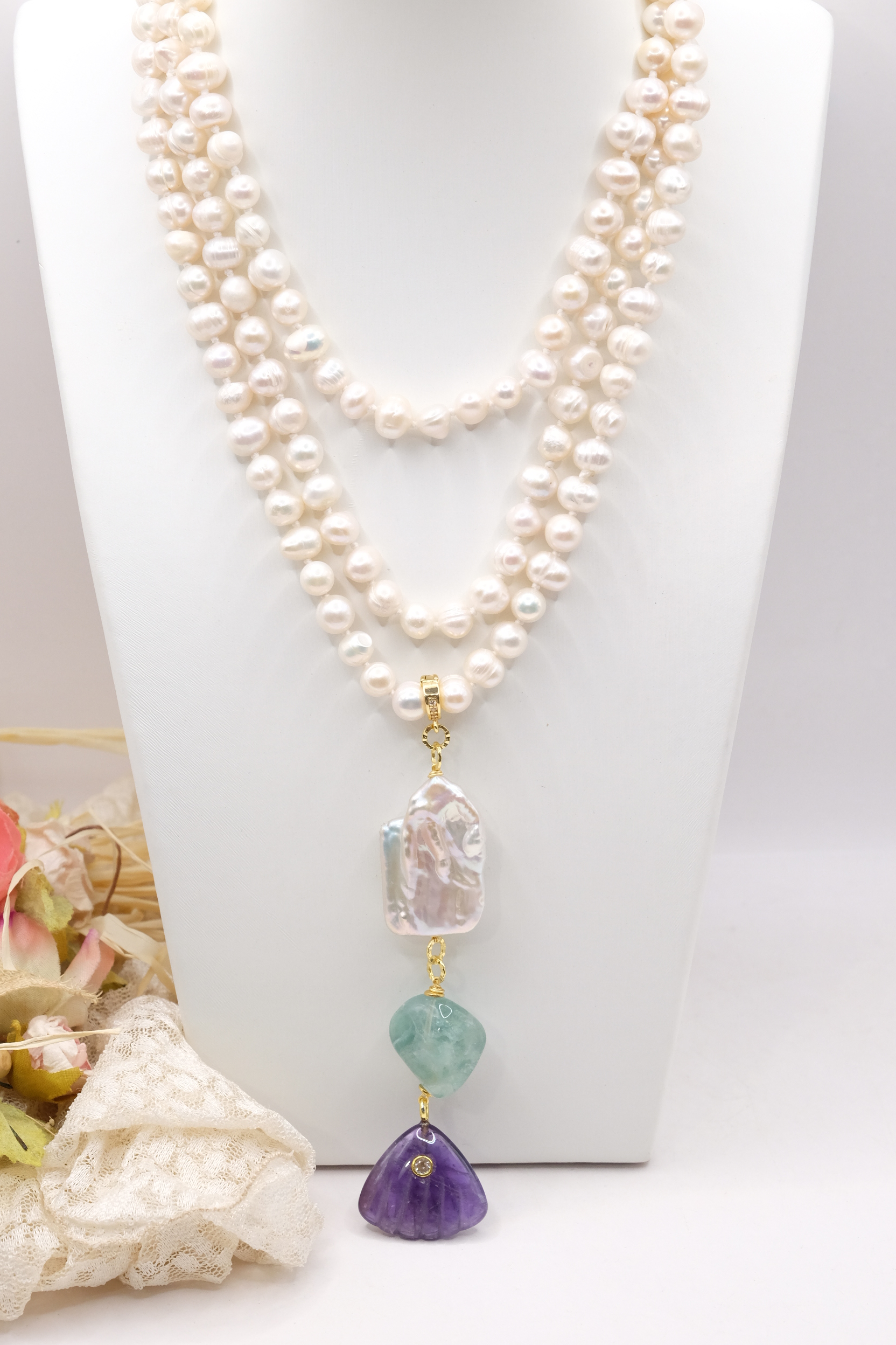 COLLANA LUNGHISSIMA PERLE NATURALI PENDENTE STACCABILE AMETISTA FLUORITE PERLA QUADRATA ARTIGIANALE (2)
