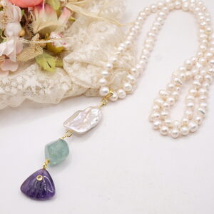 Collana Charleston Chanel Perle Naturali e Pendente Fish Pietre Naturali