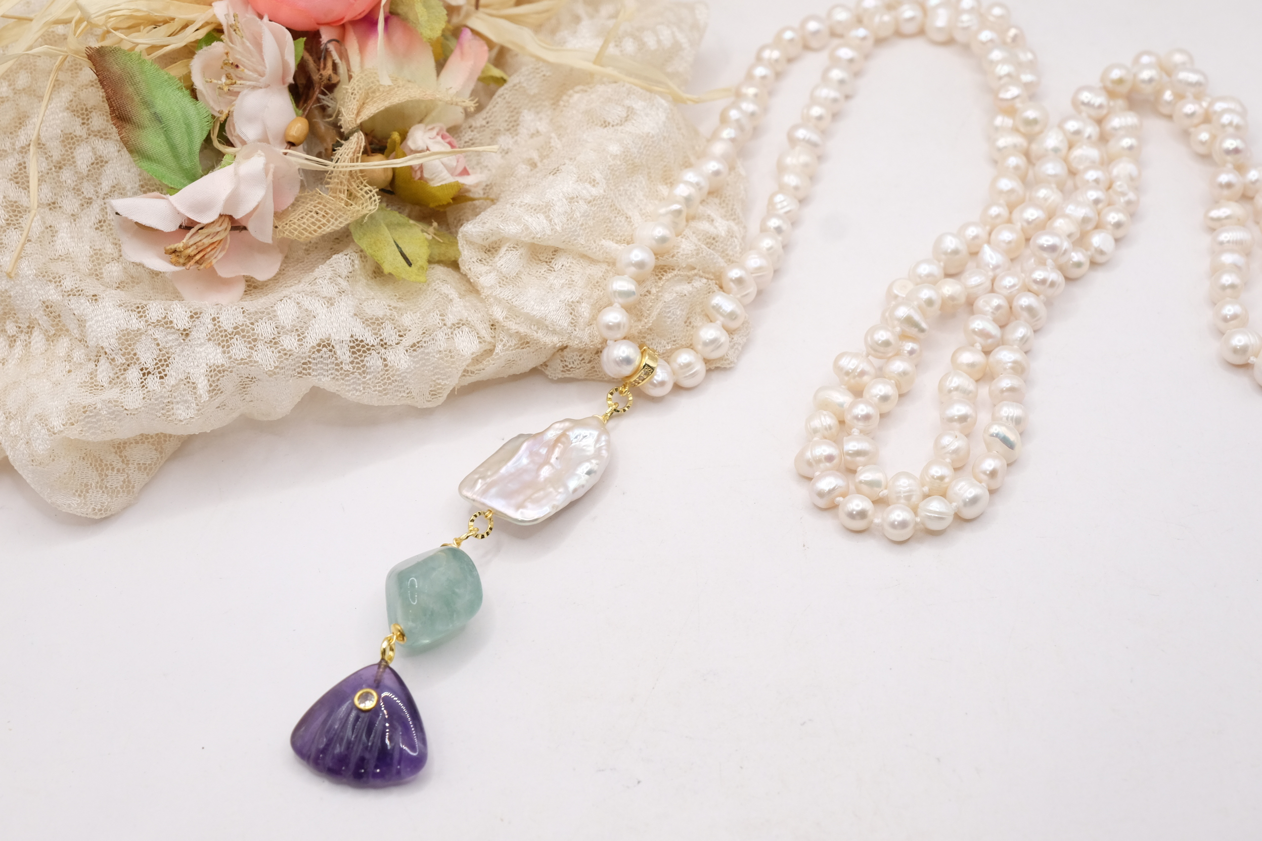 COLLANA LUNGHISSIMA PERLE NATURALI PENDENTE STACCABILE AMETISTA FLUORITE PERLA QUADRATA ARTIGIANALE (5)