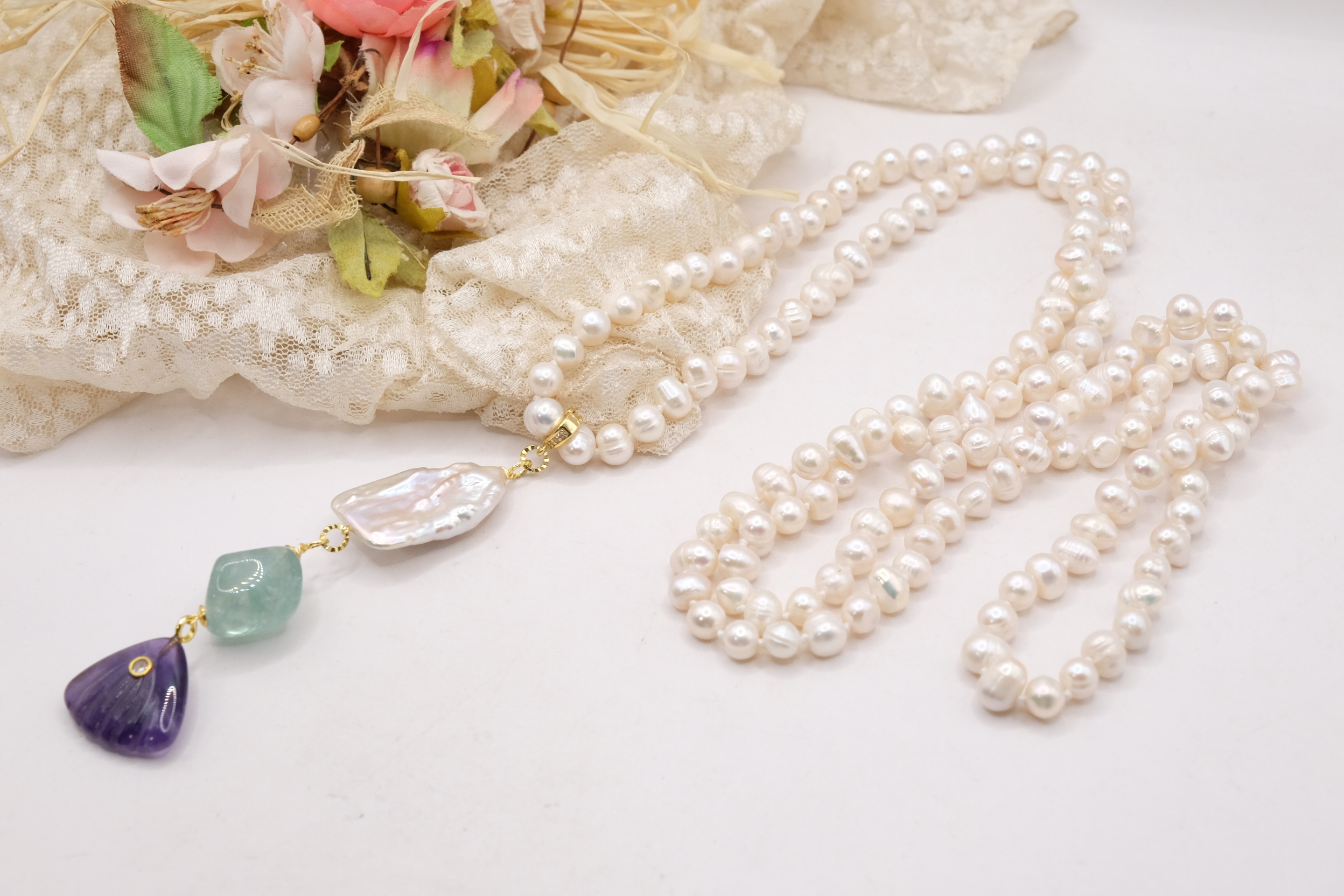 COLLANA LUNGHISSIMA PERLE NATURALI PENDENTE STACCABILE AMETISTA FLUORITE PERLA QUADRATA ARTIGIANALE (6)