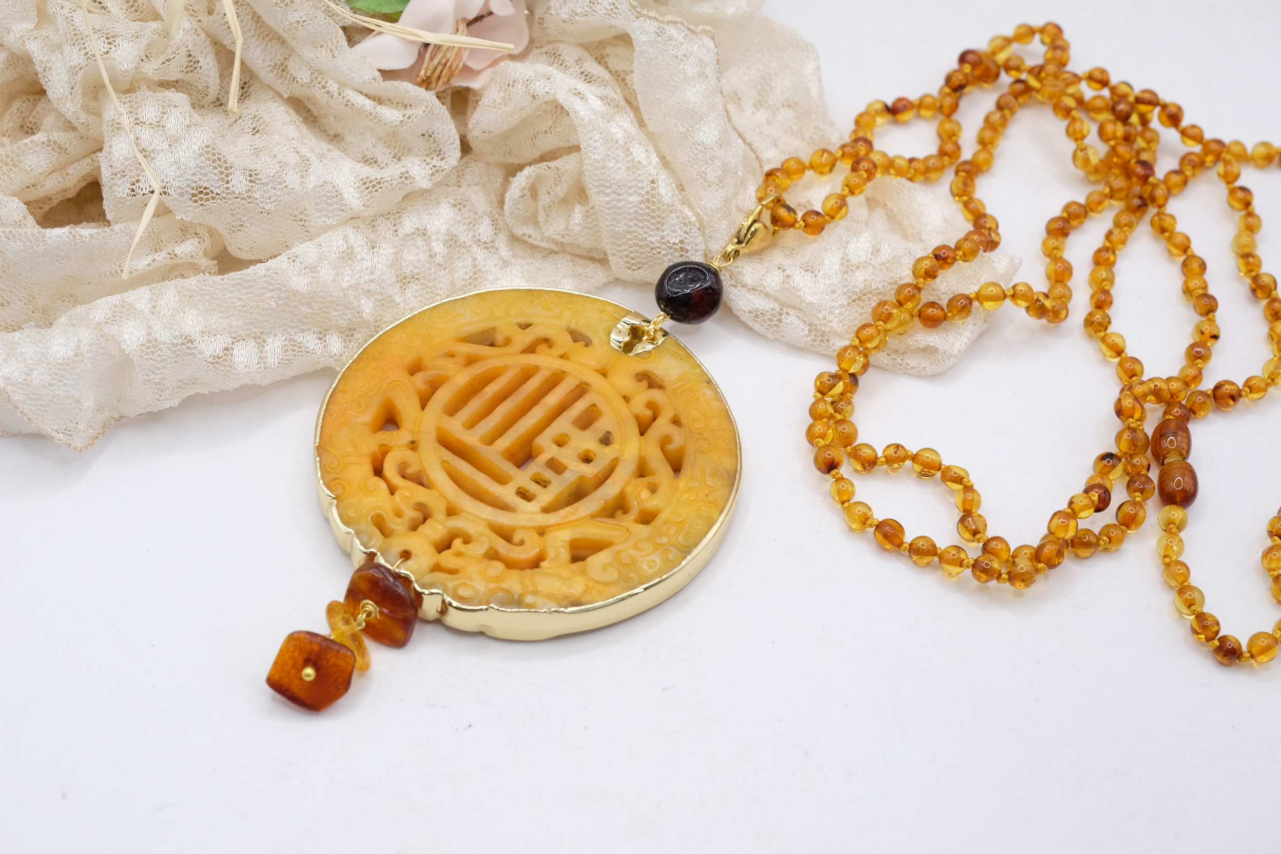 COLLANA MANDALA AMBRA ARTIGIANALE LUNGHISSIMA (2)