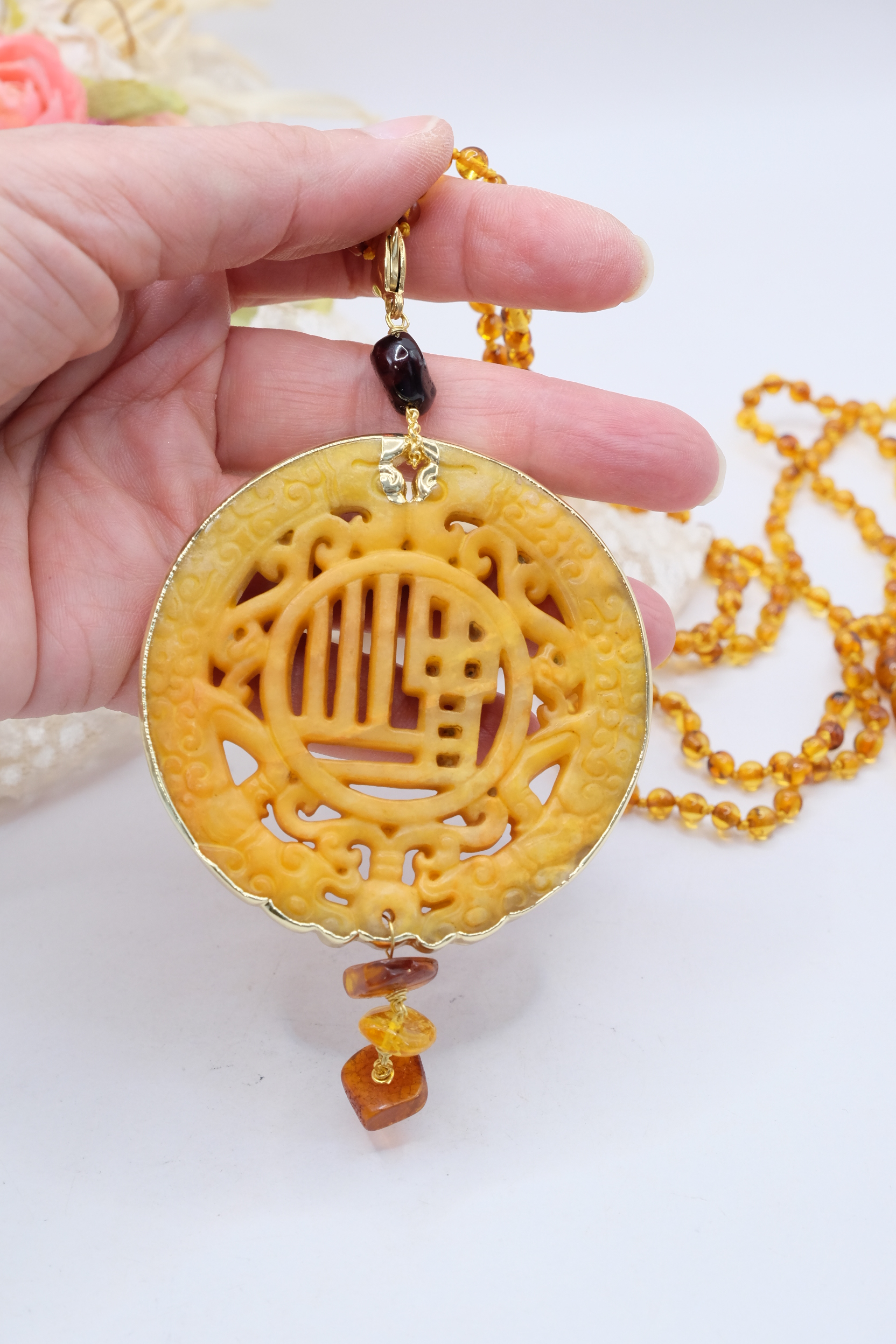 COLLANA MANDALA AMBRA ARTIGIANALE LUNGHISSIMA (3)