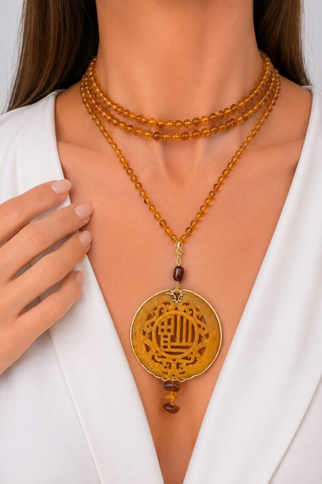 COLLANA MANDALA AMBRA ARTIGIANALE LUNGHISSIMA
