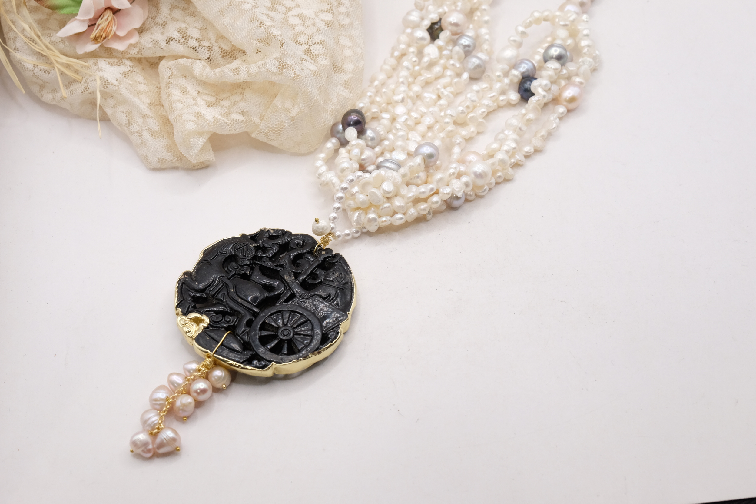 COLLANA MANDALA PERLE NATURALI MANDALA GIADA NERO (4)