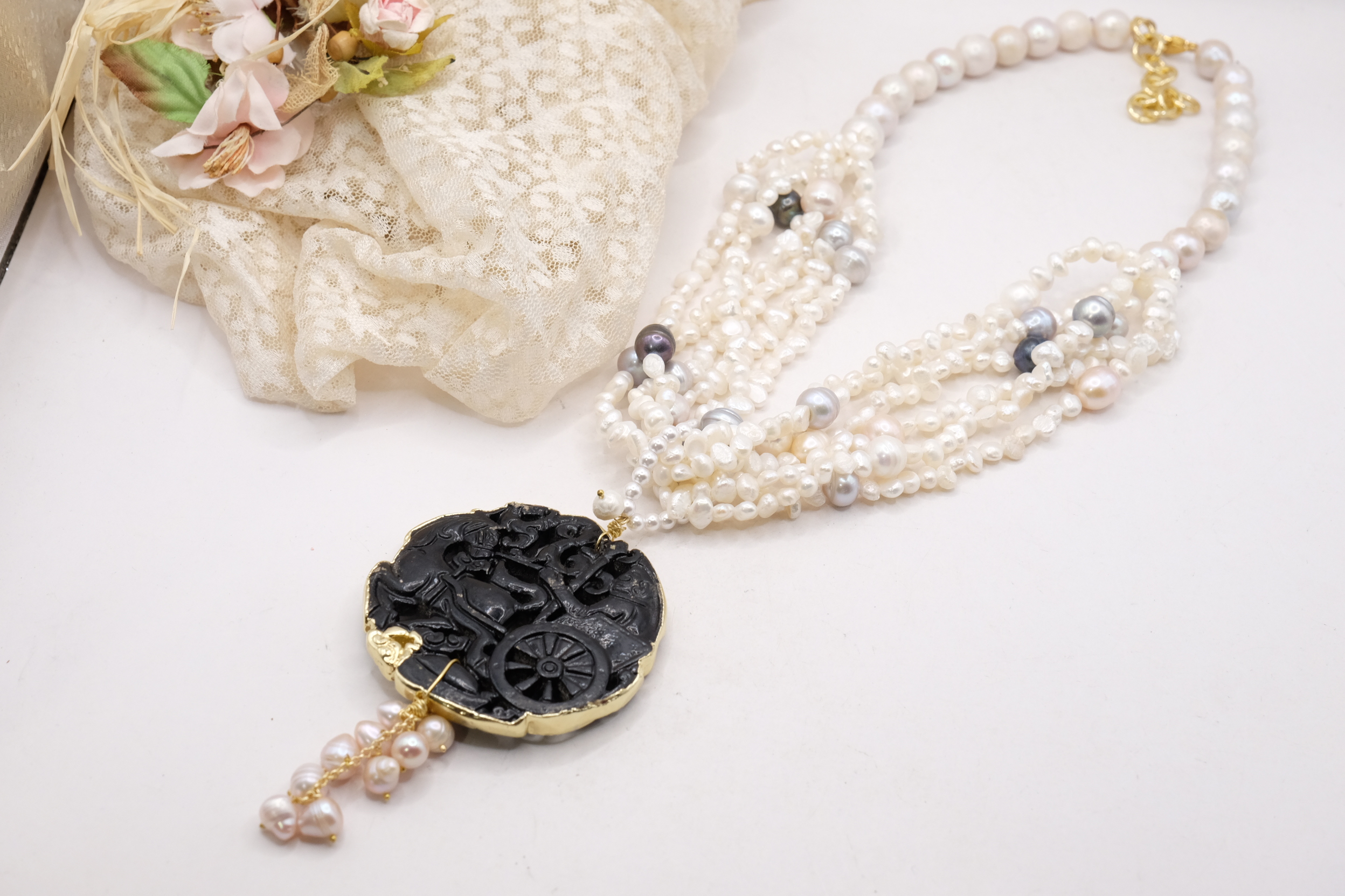 COLLANA MANDALA PERLE NATURALI MANDALA GIADA NERO (5)