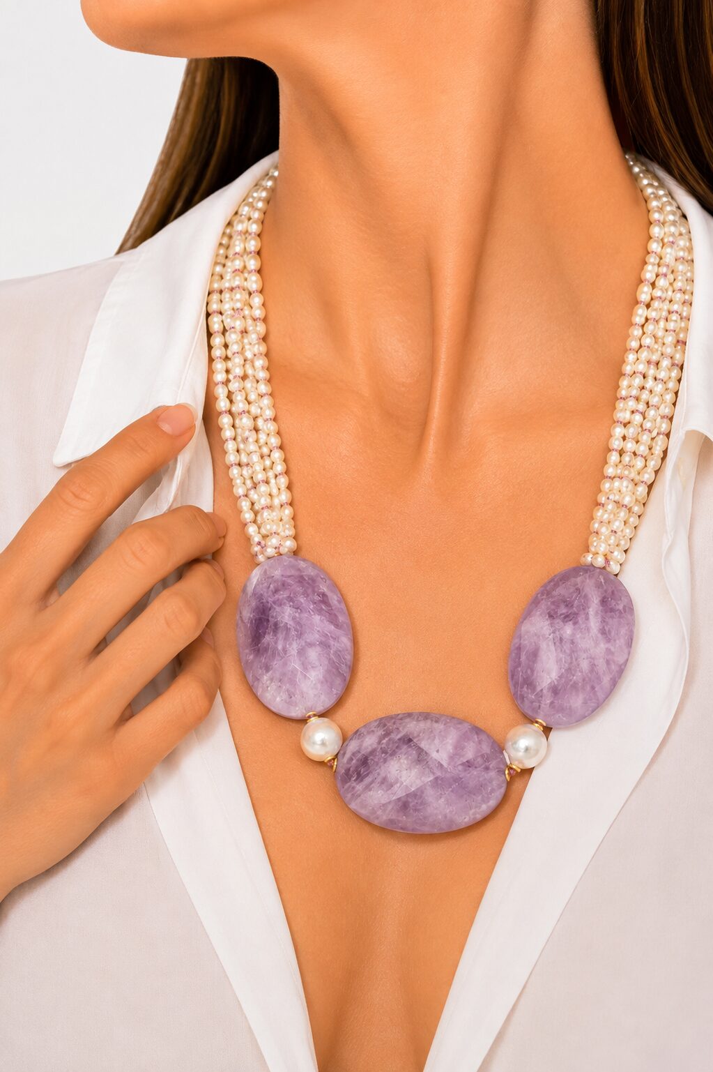 MULTI-STRAIN NECKLACE WITH NATURAL PEARLS AND AMETHYST - TOP QUALITY