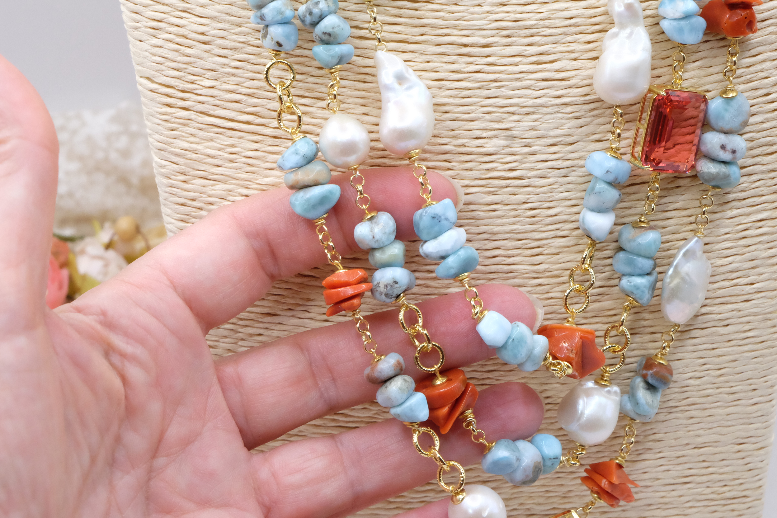 COLLANA MULTIFILO CAMMEO LARIMAR CORALLO PERLE CATENA PLACCATA ORO (3)