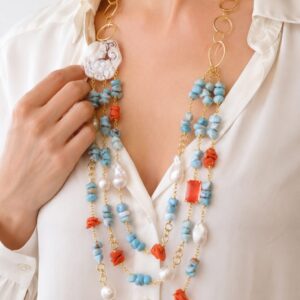 Collana Multifilo Larimar Perle Cristalli Cammeo di Torre del Greco
