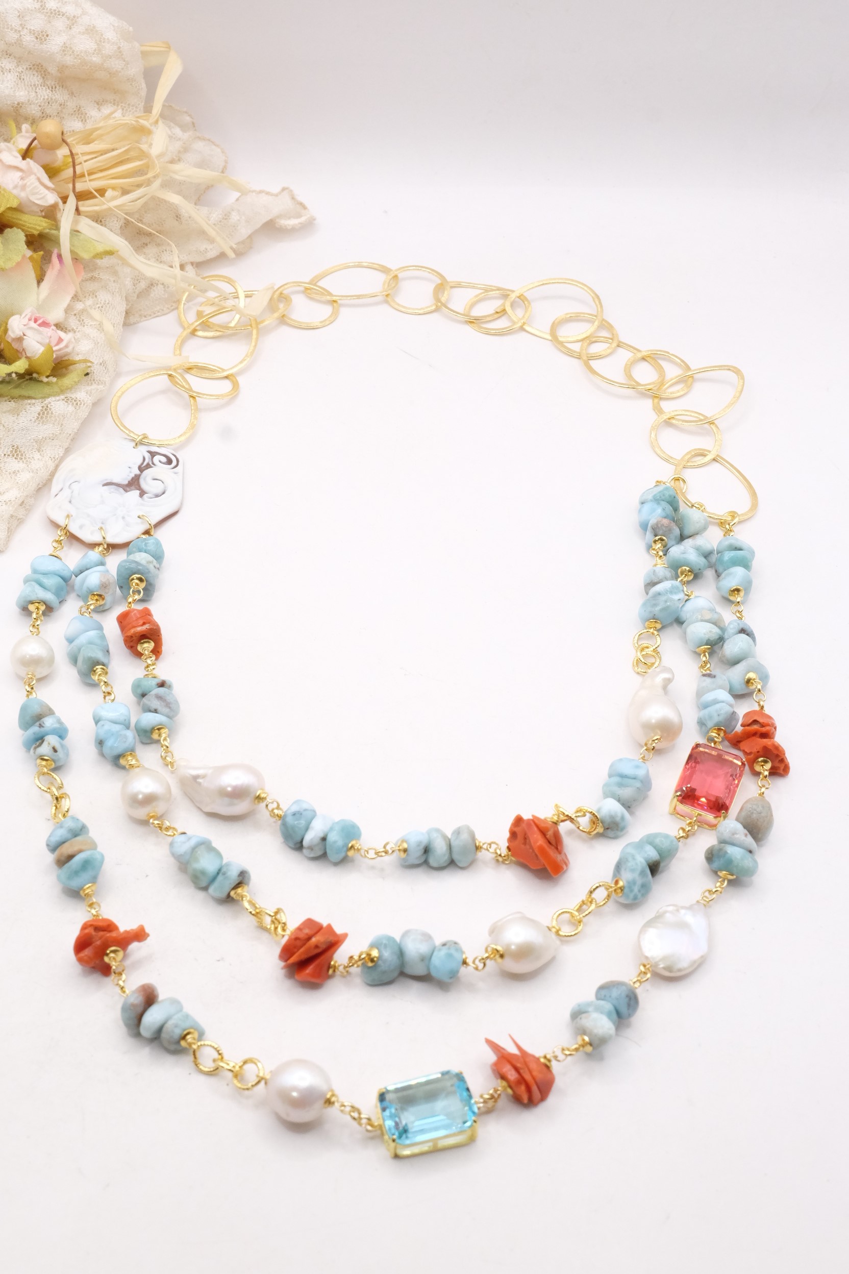 COLLANA MULTIFILO CAMMEO LARIMAR CORALLO PERLE CATENA PLACCATA ORO (4)