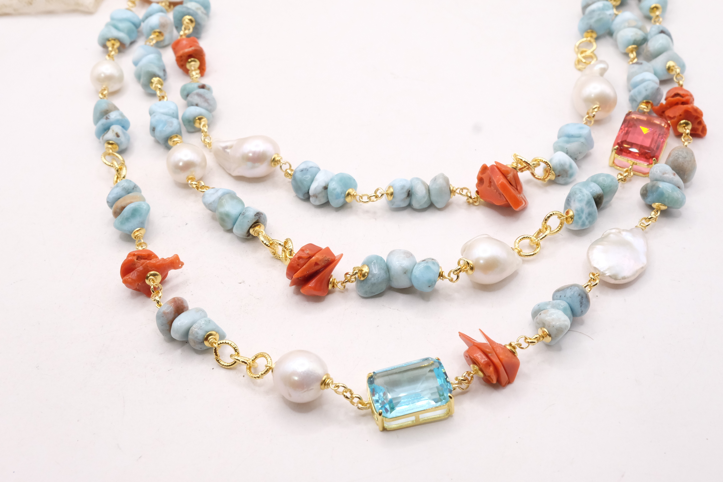 COLLANA MULTIFILO CAMMEO LARIMAR CORALLO PERLE CATENA PLACCATA ORO (5)
