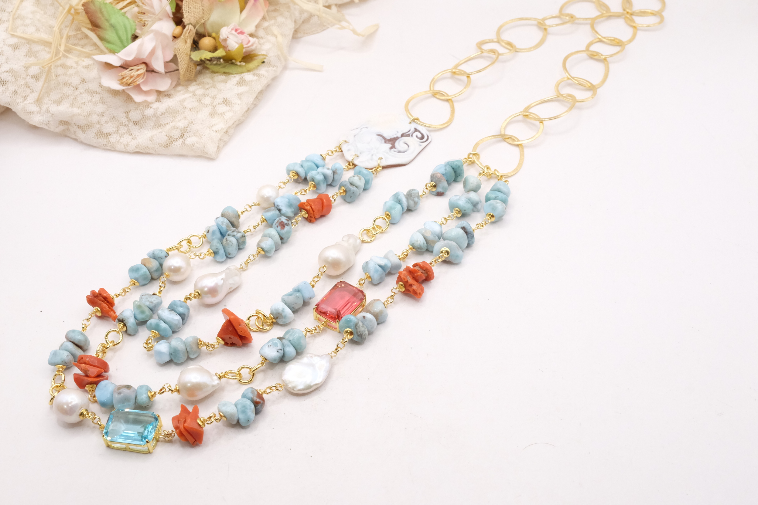 COLLANA MULTIFILO CAMMEO LARIMAR CORALLO PERLE CATENA PLACCATA ORO (8)
