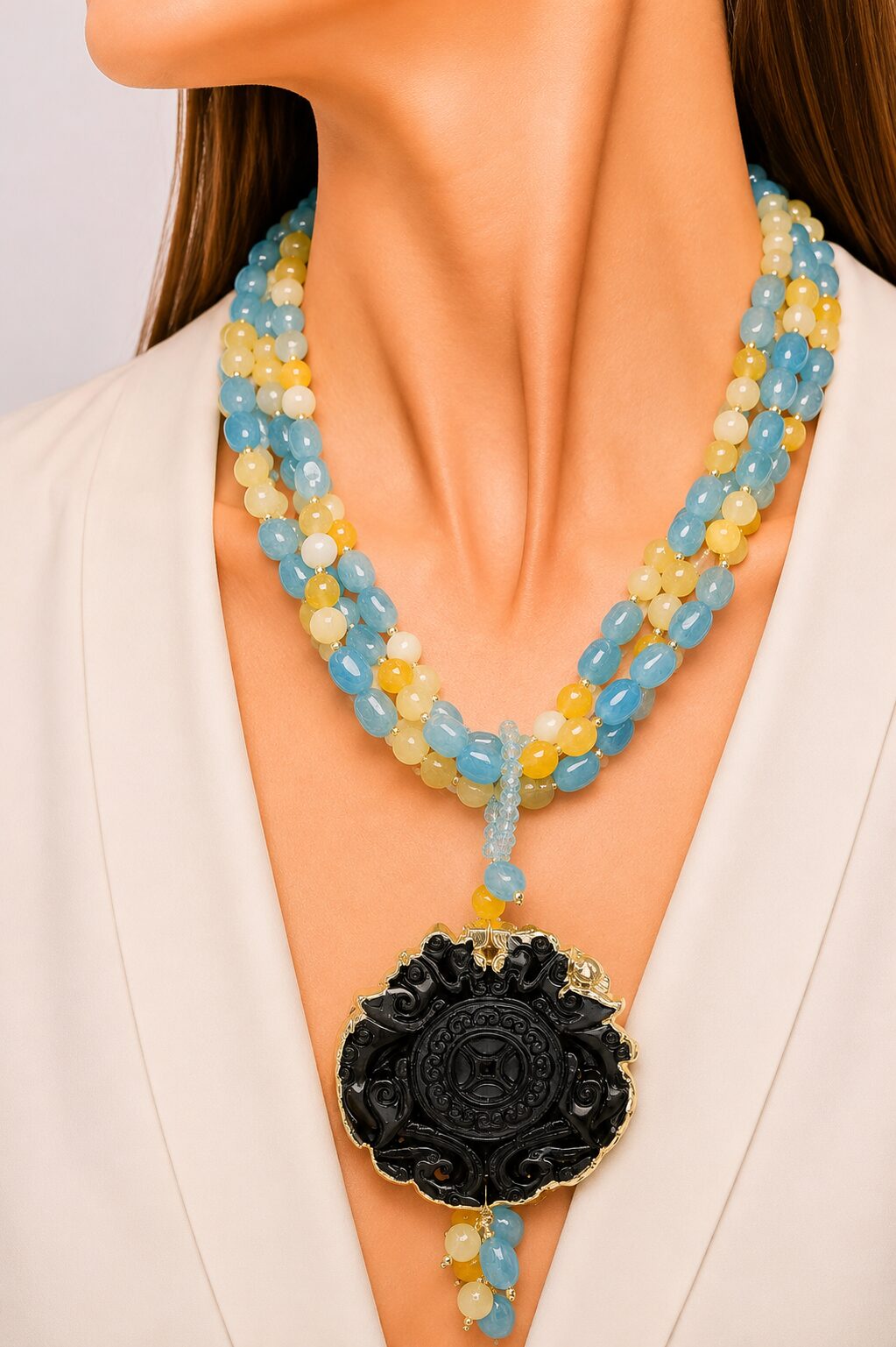 Collana Artigianale Multifilo Giada Azzurra Gialla Mandala Nero