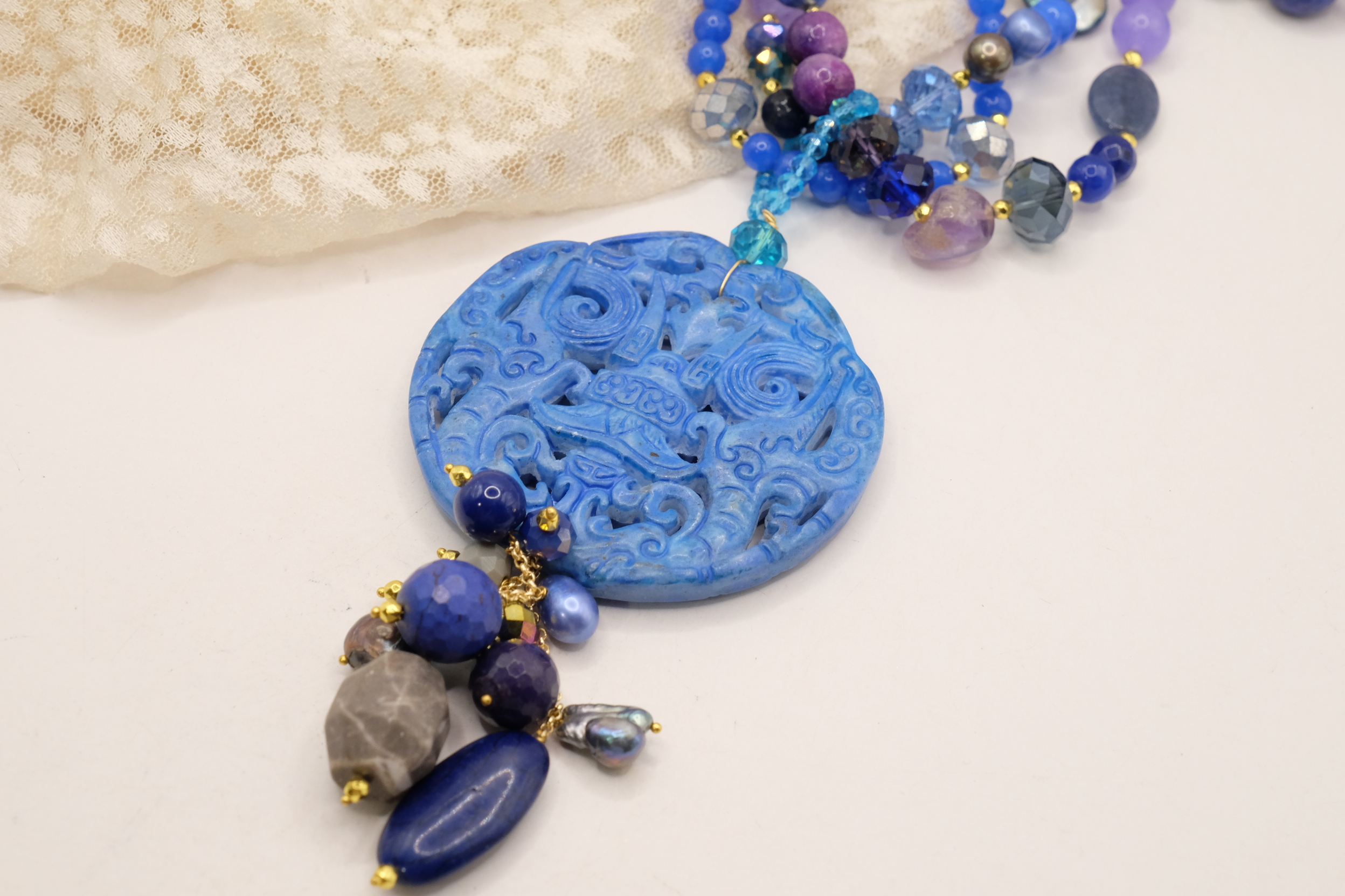 COLLANA MULTIFILO MANDALA GIADA LAPIS PERLE KUNZITE ARTIGIANALE MULTIFILO (2)