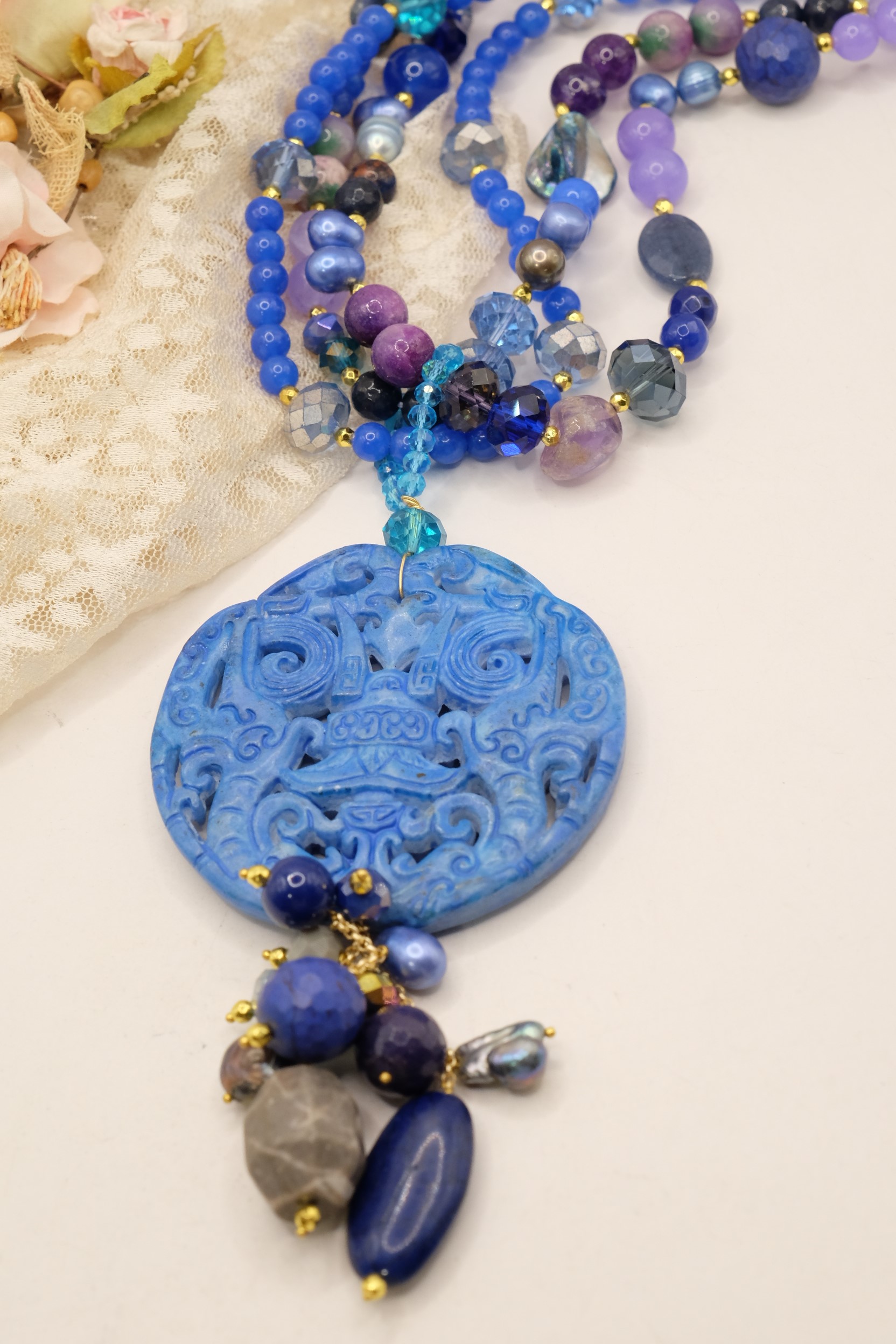 COLLANA MULTIFILO MANDALA GIADA LAPIS PERLE KUNZITE ARTIGIANALE MULTIFILO (3)