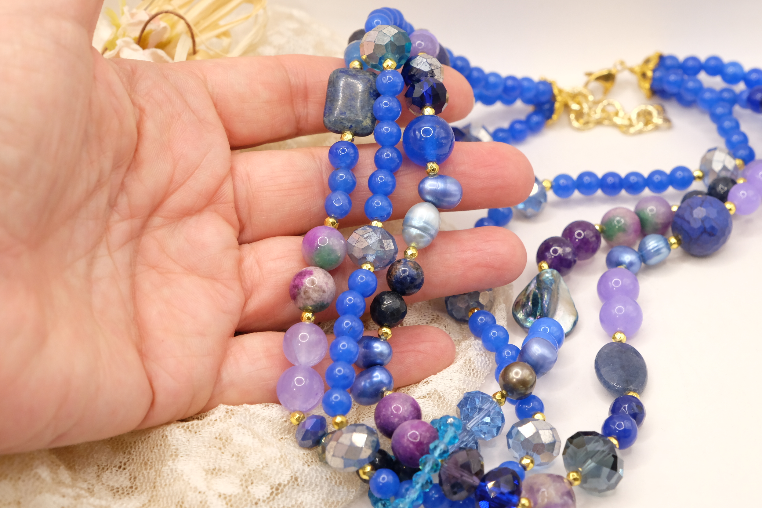 COLLANA MULTIFILO MANDALA GIADA LAPIS PERLE KUNZITE ARTIGIANALE MULTIFILO (4)