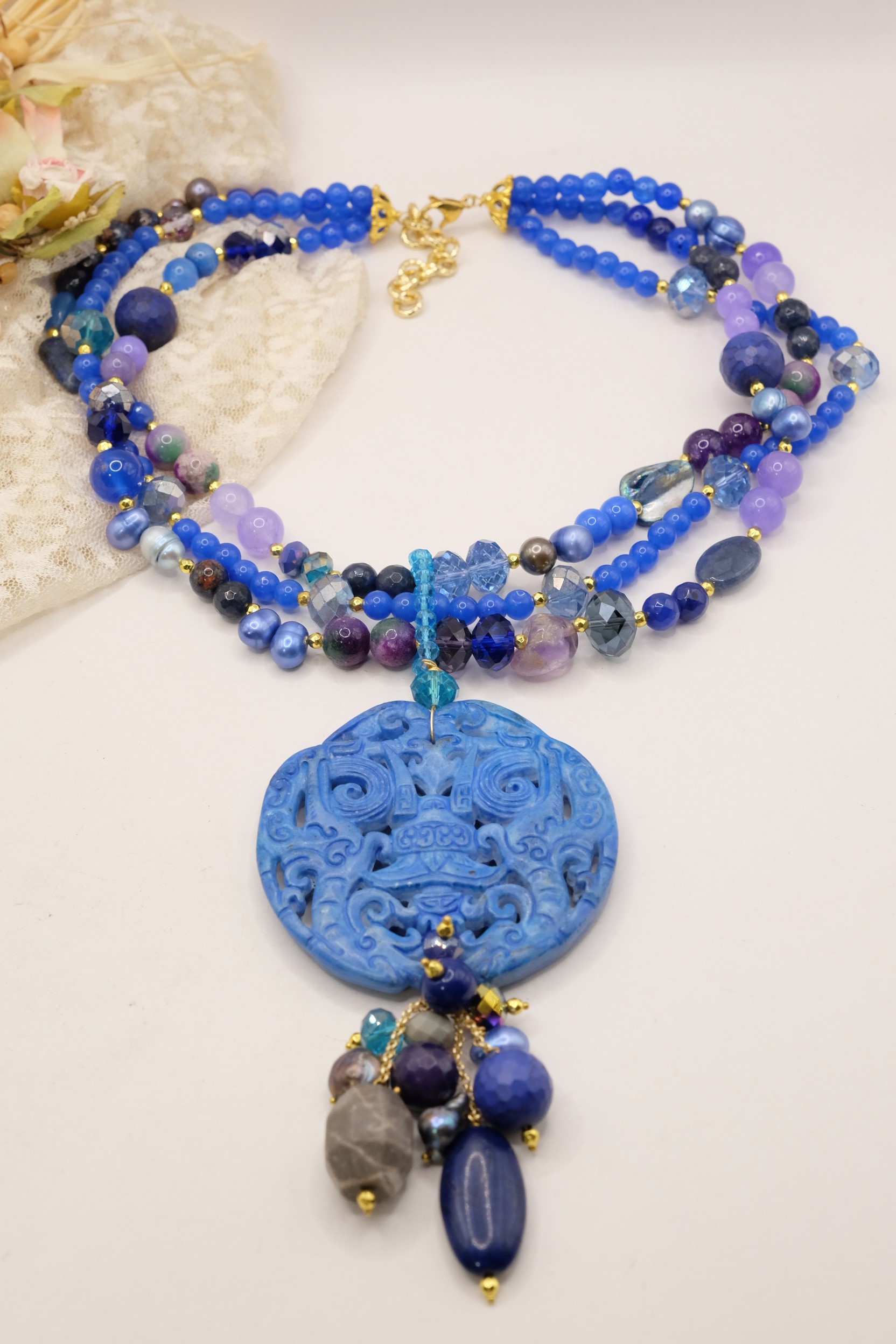 COLLANA MULTIFILO MANDALA GIADA LAPIS PERLE KUNZITE ARTIGIANALE MULTIFILO (5)