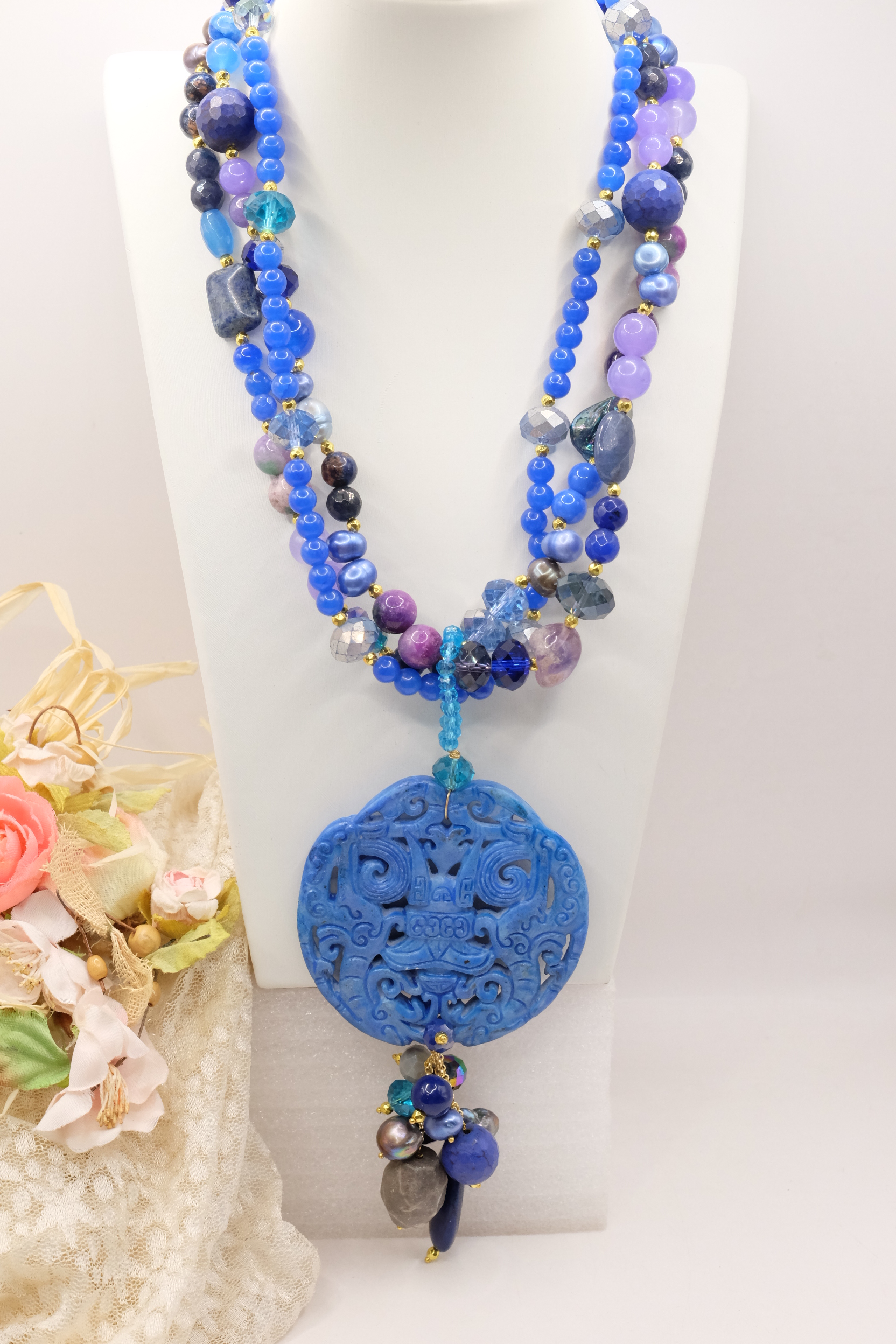 COLLANA MULTIFILO MANDALA GIADA LAPIS PERLE KUNZITE ARTIGIANALE MULTIFILO (7)