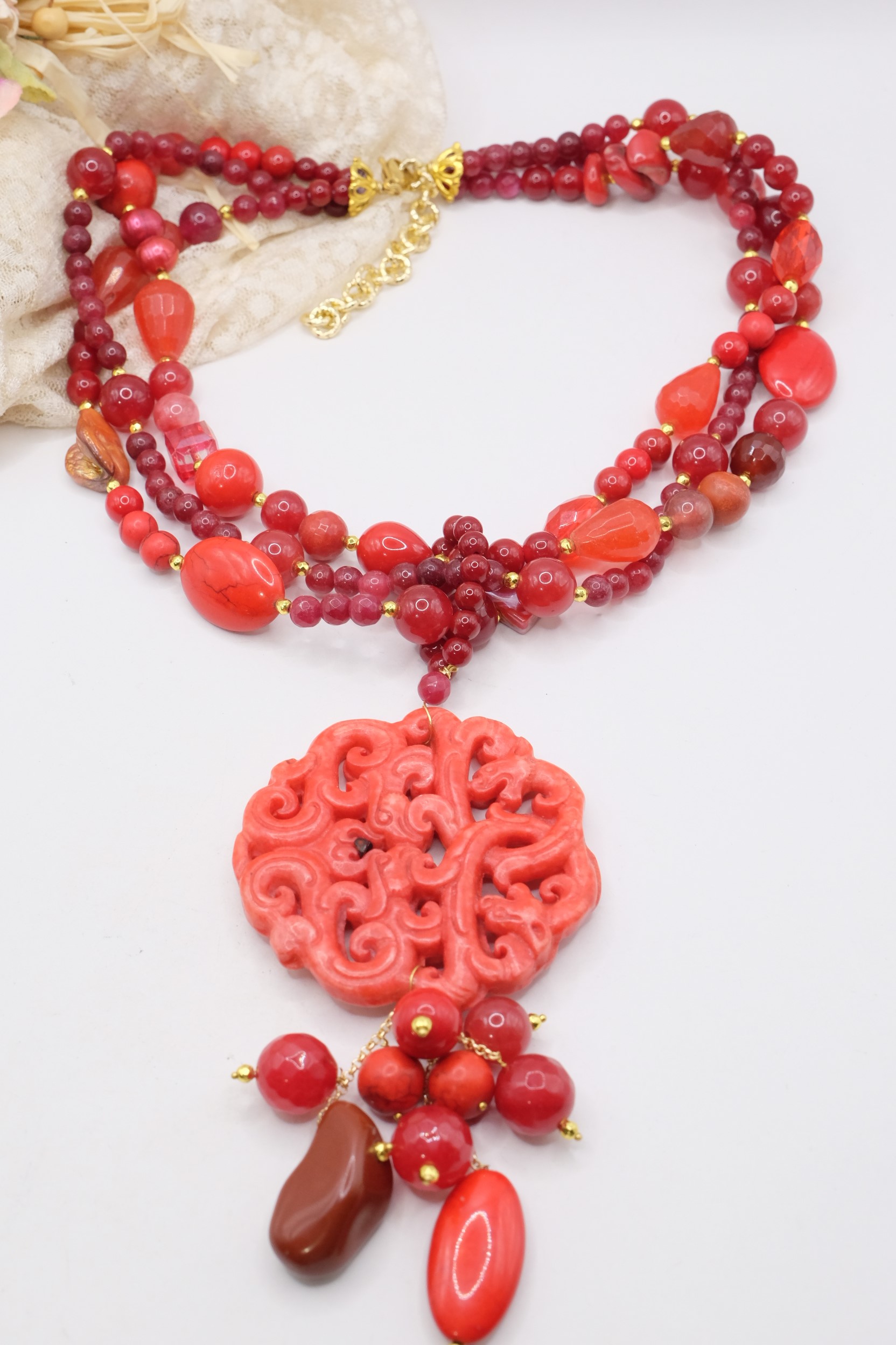 COLLANA MULTIFILO MANDALA GIADA ROSSO ROSSA PASTA DI CORALLO ARTIGIANALE MULTIFILO (1)