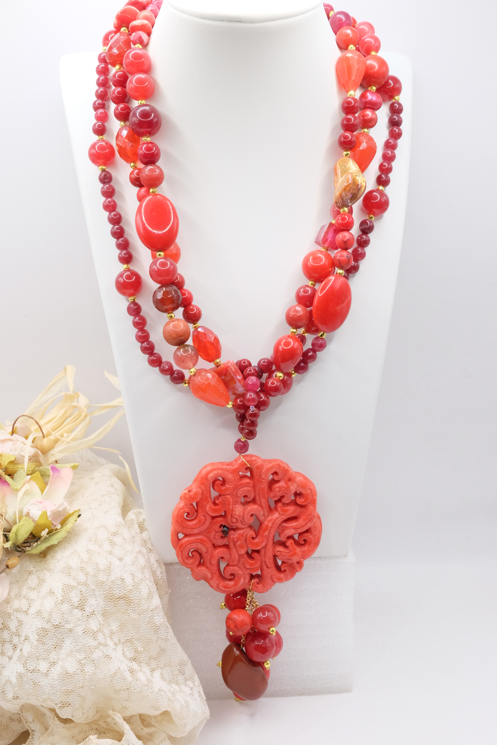 COLLANA MULTIFILO MANDALA GIADA ROSSO ROSSA PASTA DI CORALLO ARTIGIANALE MULTIFILO (2)