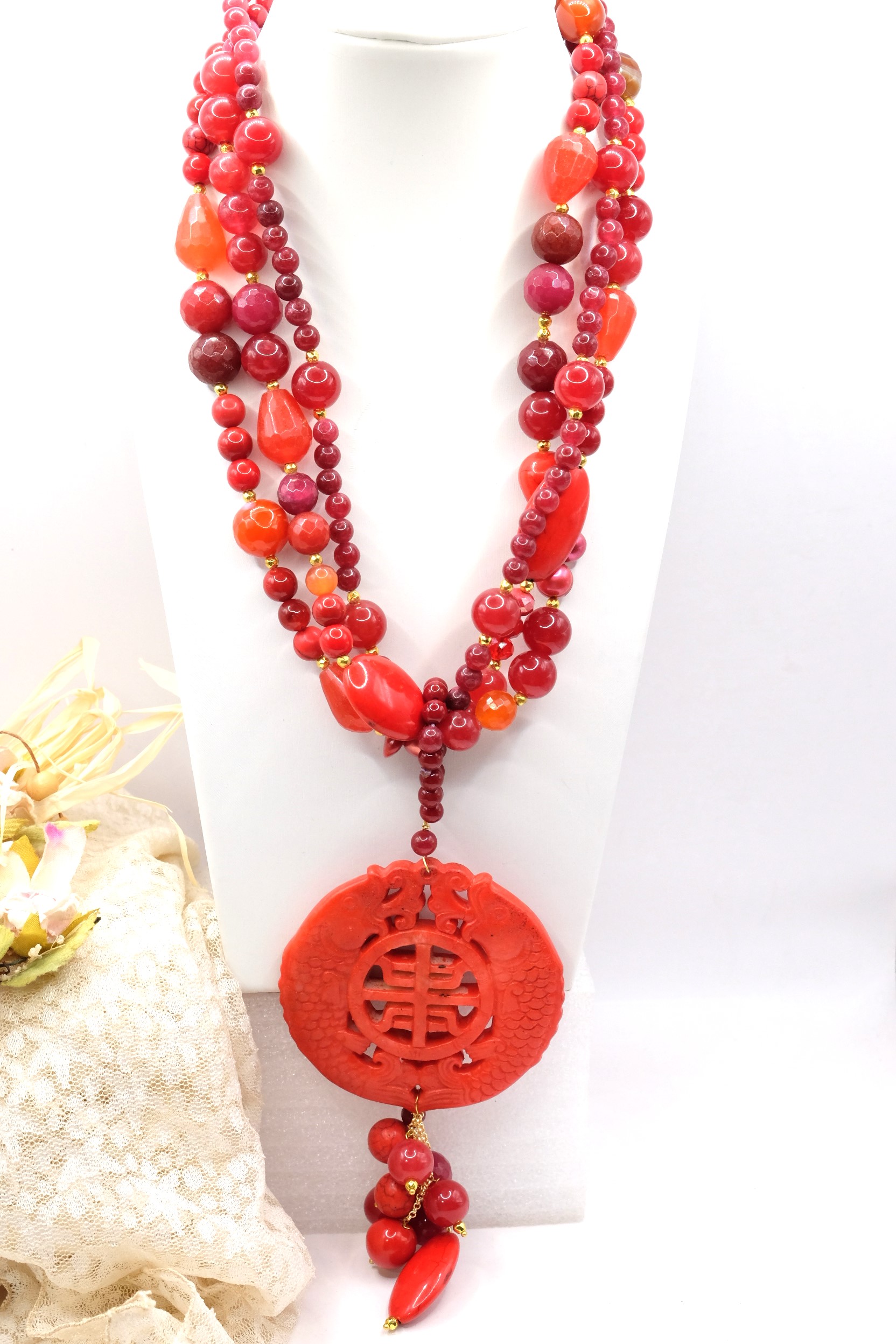 COLLANA MULTIFILO MANDALA GIADA ROSSO ROSSA PASTA DI CORALLO ARTIGIANALE MULTIFILO (3)