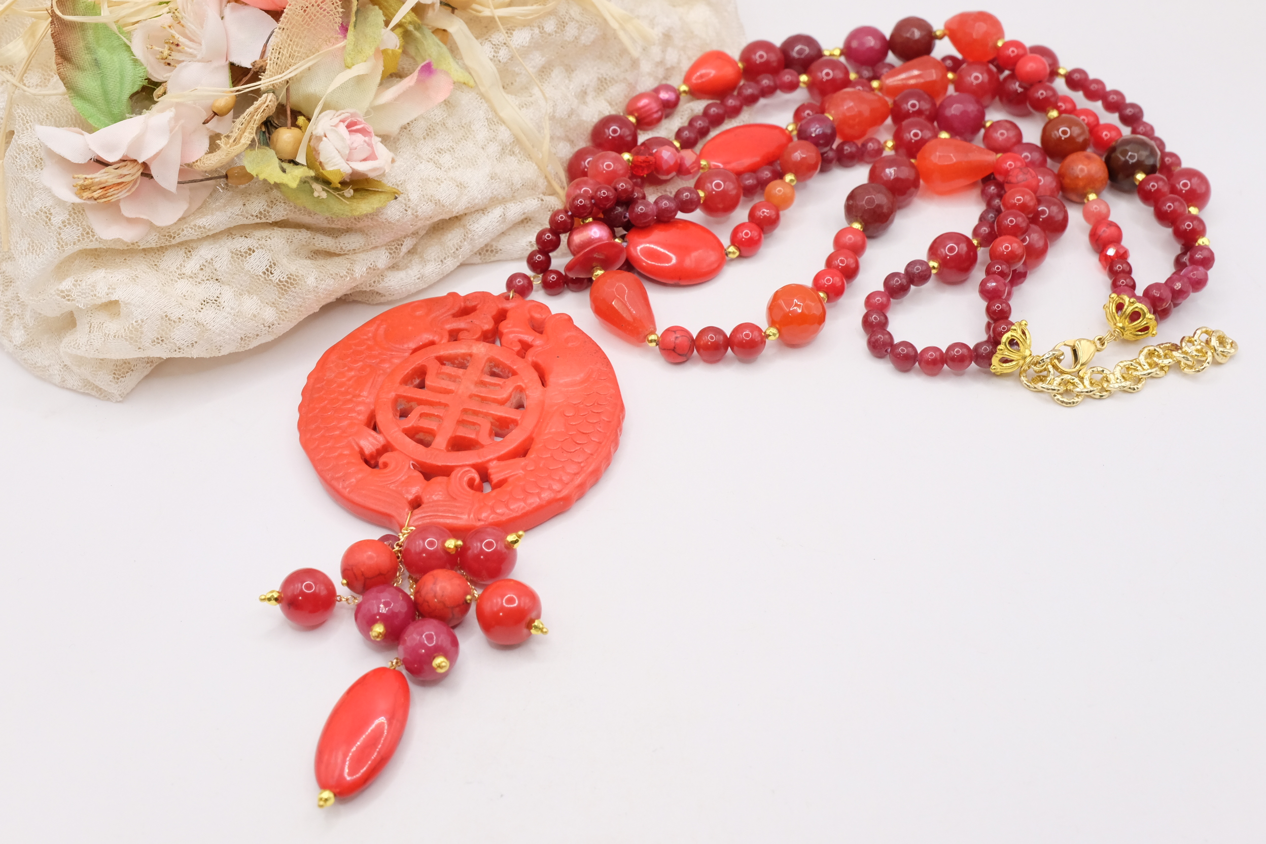 COLLANA MULTIFILO MANDALA GIADA ROSSO ROSSA PASTA DI CORALLO ARTIGIANALE MULTIFILO (4)