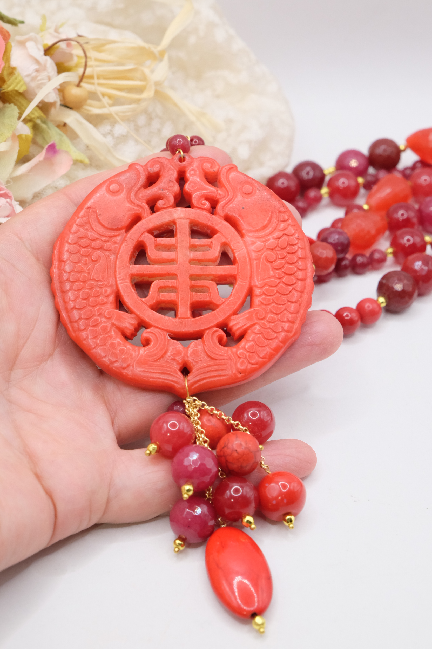 COLLANA MULTIFILO MANDALA GIADA ROSSO ROSSA PASTA DI CORALLO ARTIGIANALE MULTIFILO (5)