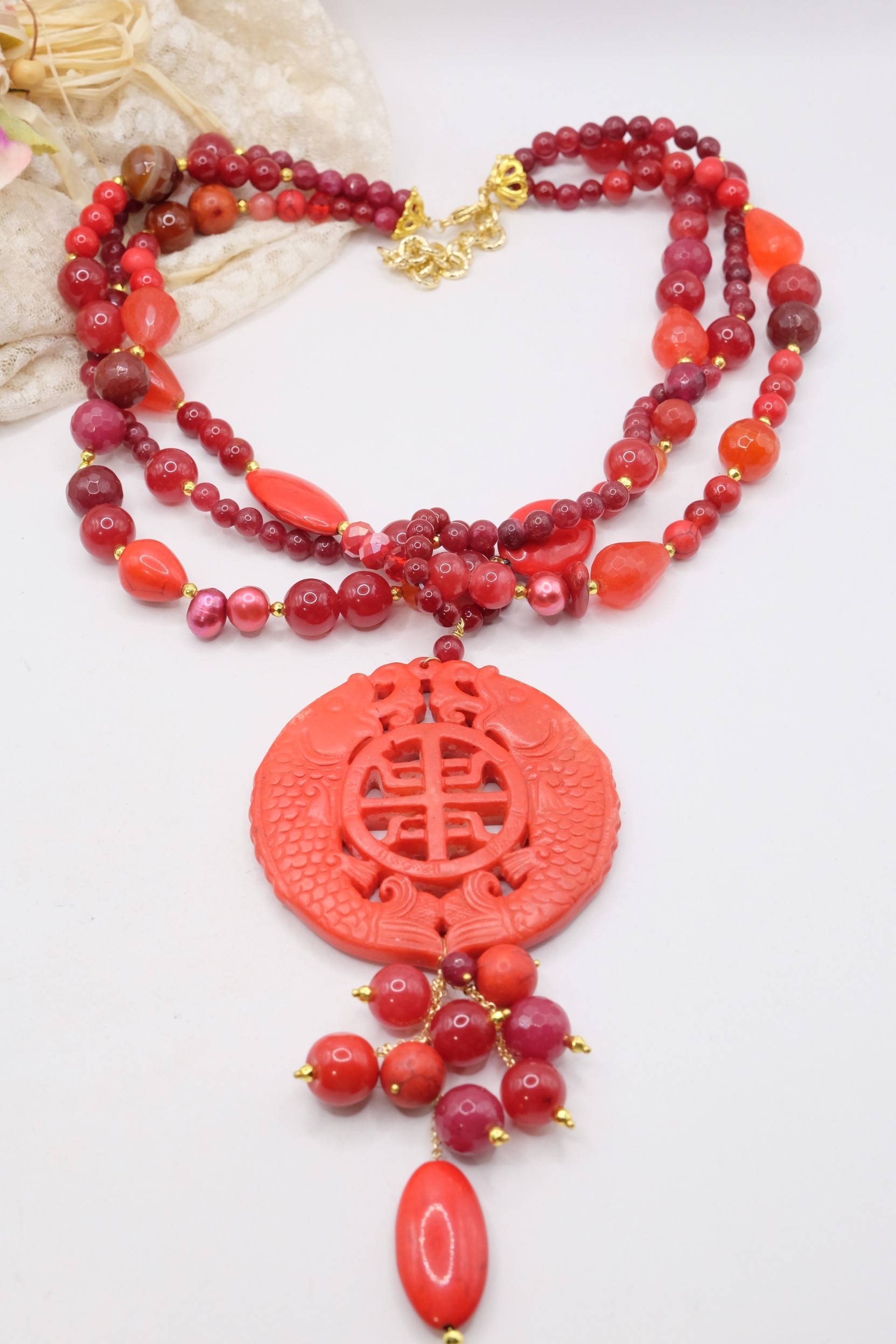 COLLANA MULTIFILO MANDALA GIADA ROSSO ROSSA PASTA DI CORALLO ARTIGIANALE MULTIFILO (6)