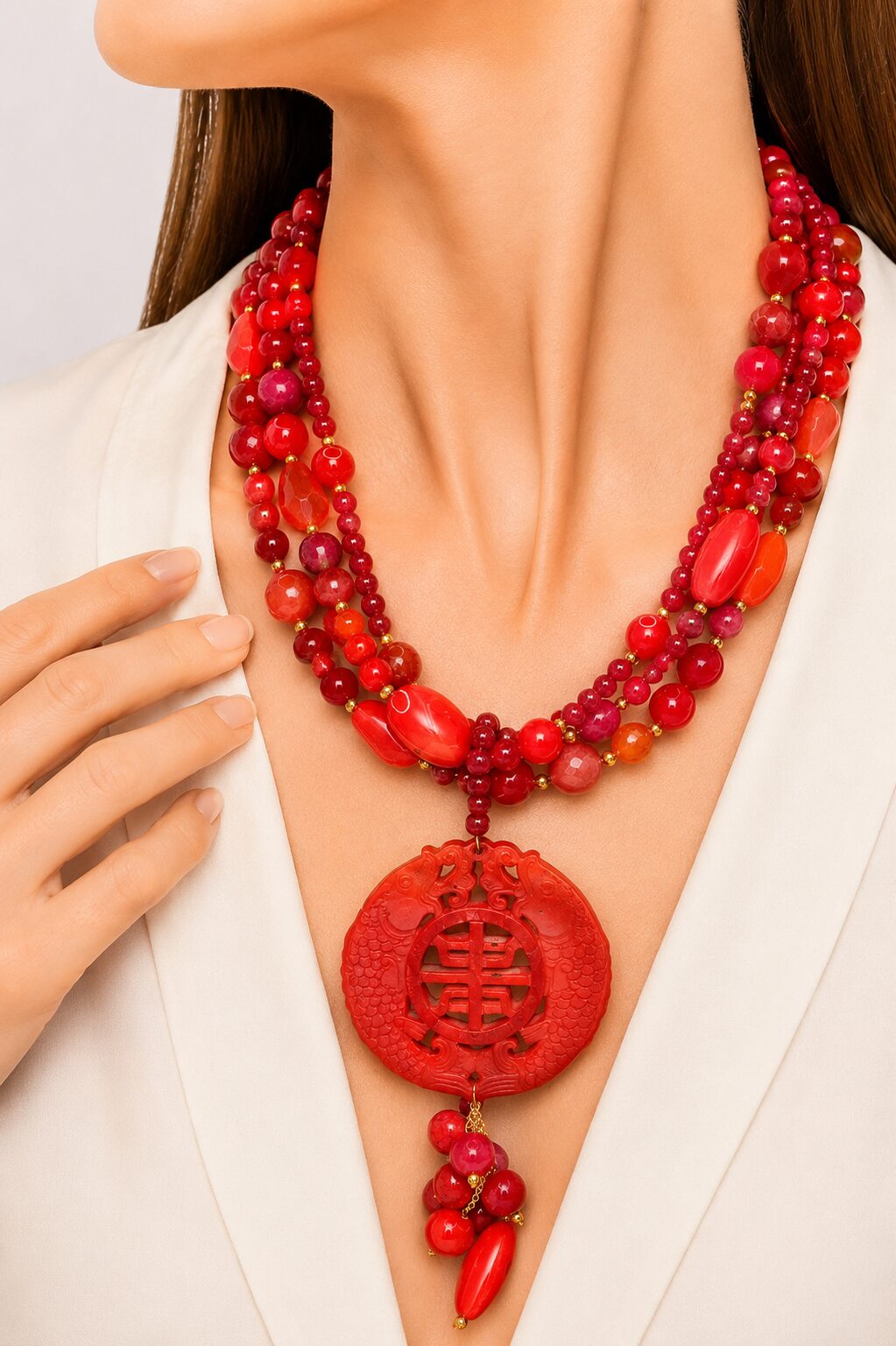 Collana Artigianale Multifilo Giada Rossa Pasta di Corallo Mandala