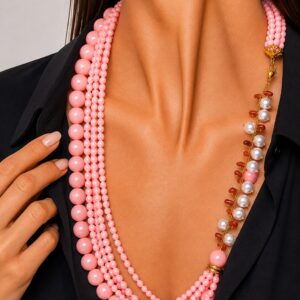 Collana artigianale multifilo pasta di corallo rosa intenso corallo bamboo perle