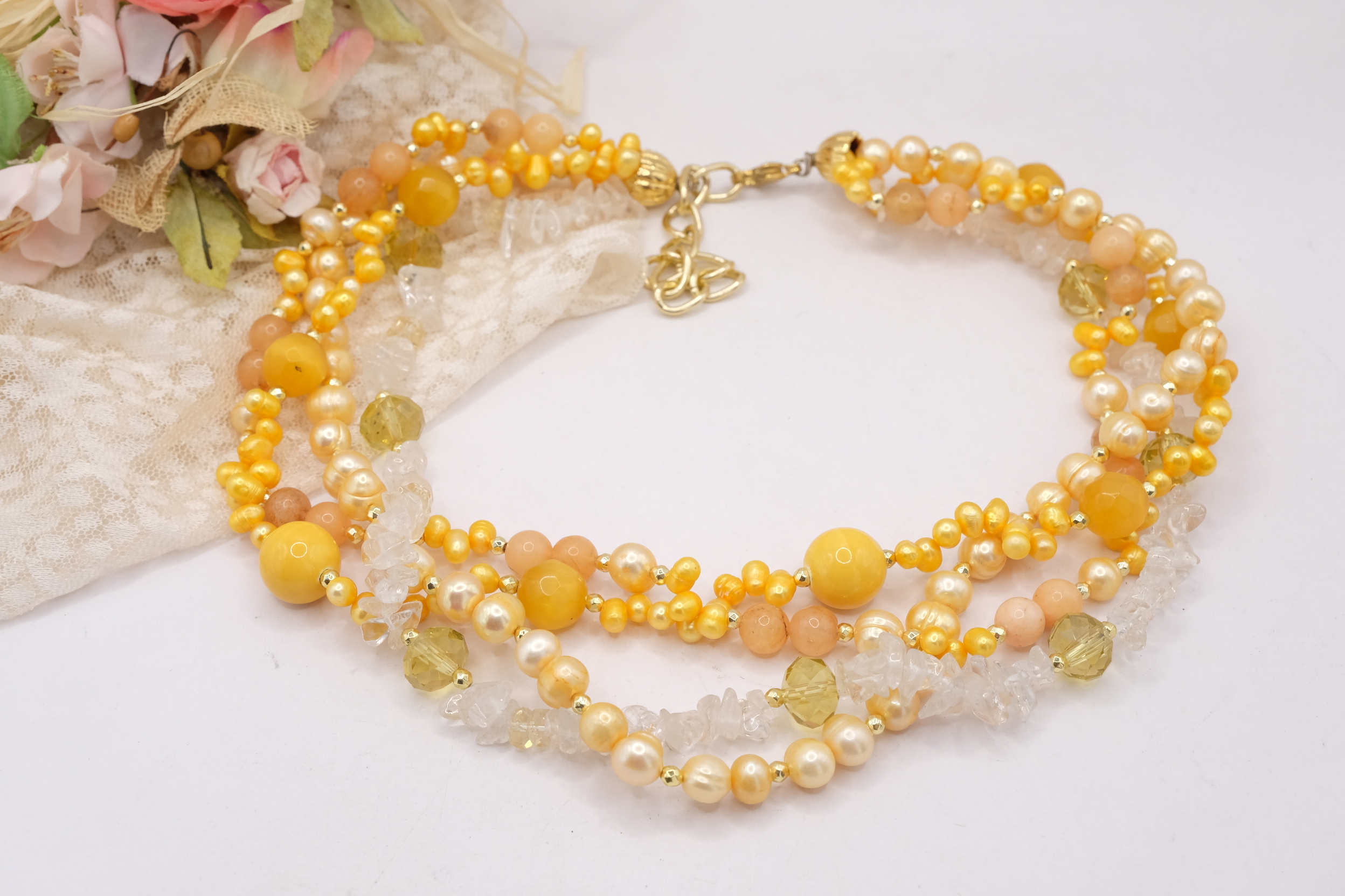 COLLANA MULTIFILO PERLE CRISTALLI CRISTALLO DI ROCCA GIALLA GIALLO ACCIAIO (1)