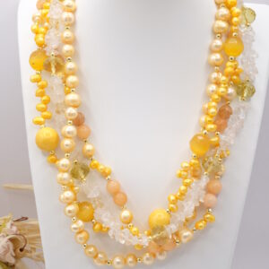 Collana artigianale multifilo perle gialle cristallo di rocca citrino occhio di gatto
