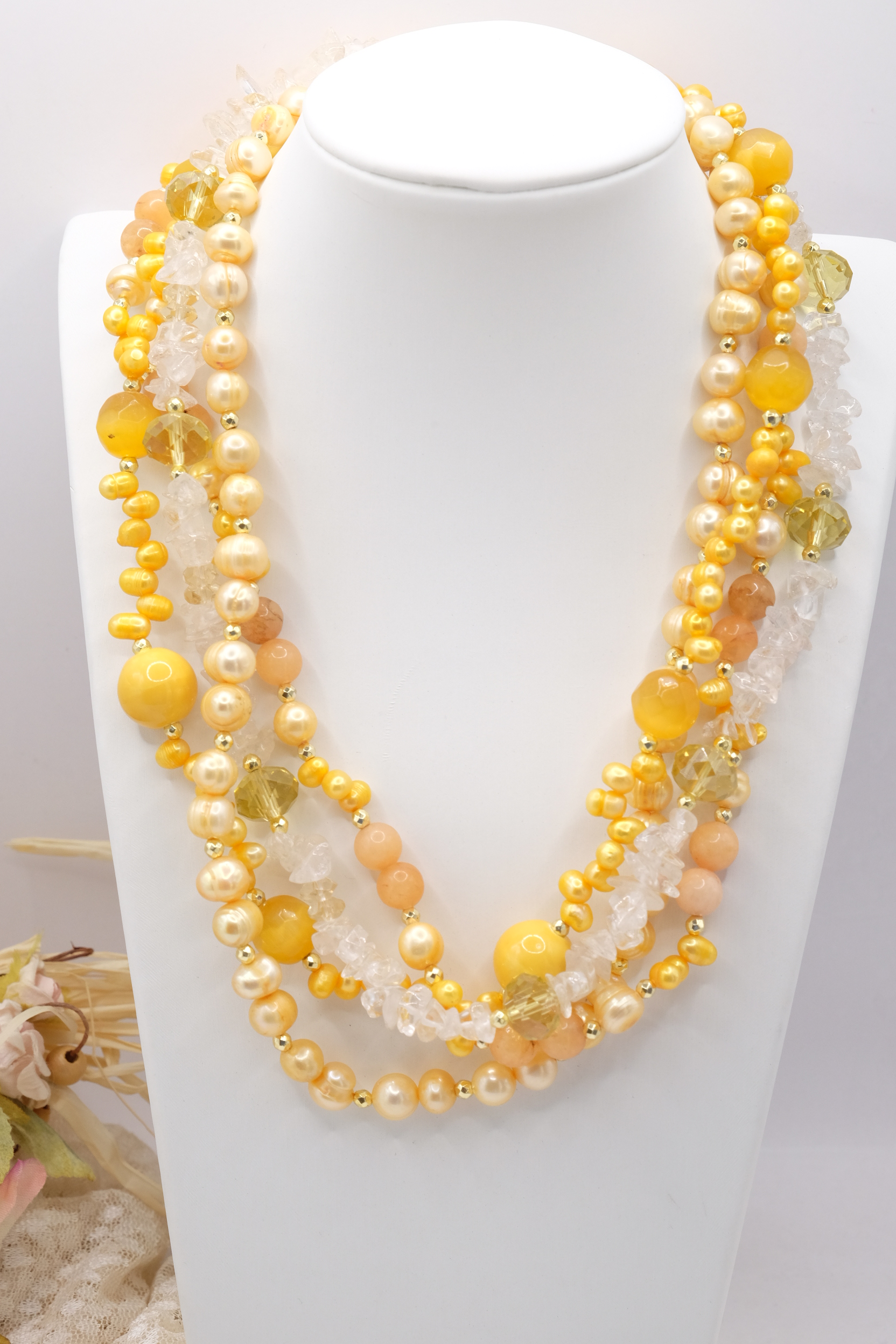 COLLANA MULTIFILO PERLE CRISTALLI CRISTALLO DI ROCCA GIALLA GIALLO ACCIAIO (2)