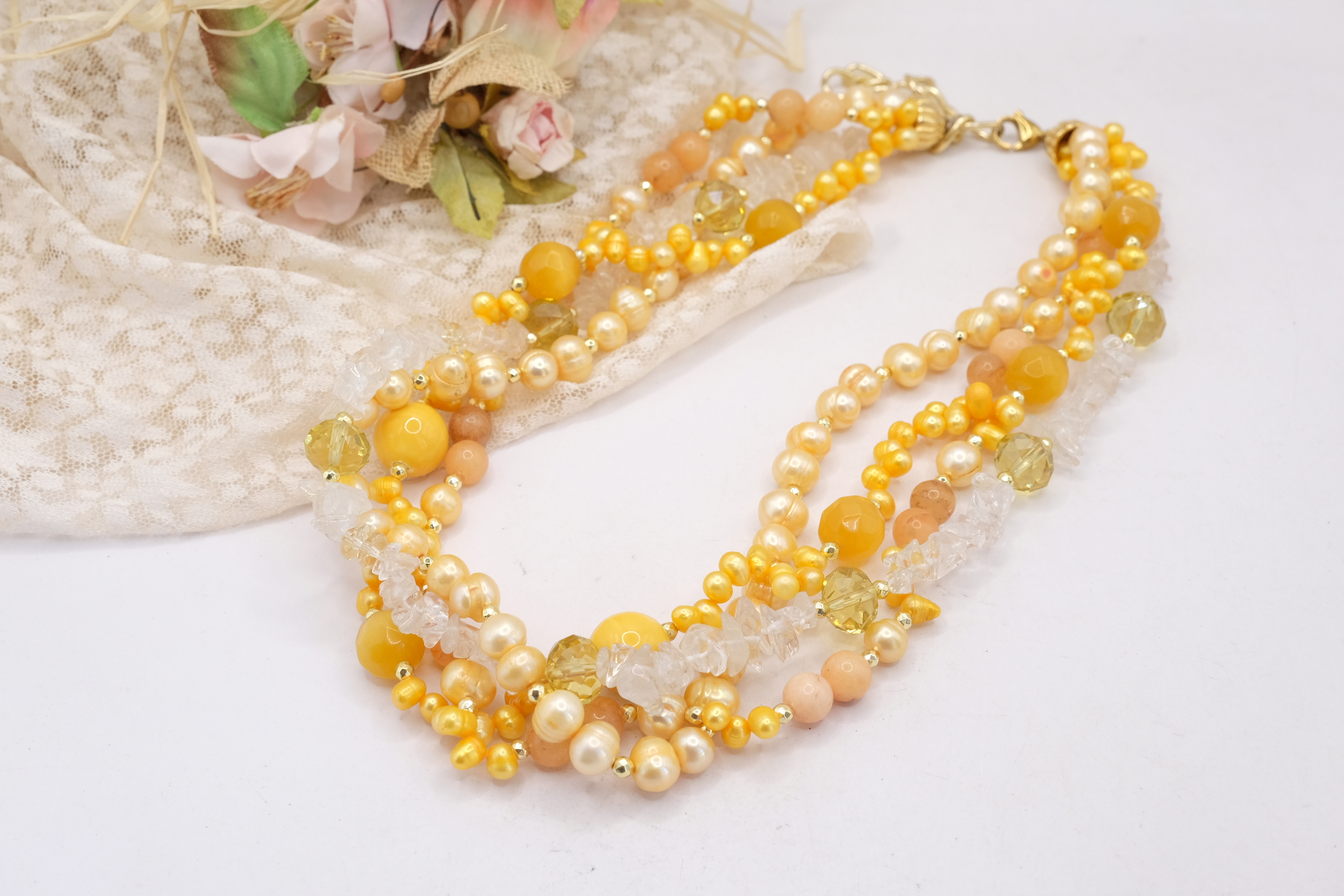 COLLANA MULTIFILO PERLE CRISTALLI CRISTALLO DI ROCCA GIALLA GIALLO ACCIAIO (3)