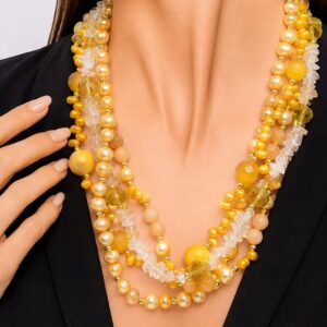 Collana artigianale multifilo perle gialle cristallo di rocca citrino occhio di gatto