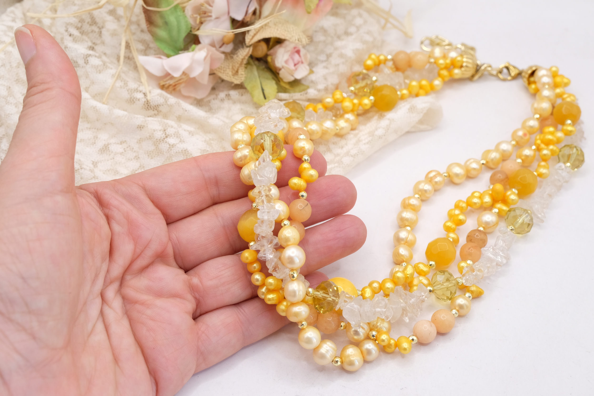 COLLANA MULTIFILO PERLE CRISTALLI CRISTALLO DI ROCCA GIALLA GIALLO ACCIAIO (4)