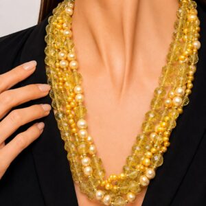 Collana artigianale multifilo perle gialle cristalli sfaccettati