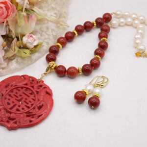 Collana e Orecchini Giada Corallo Perle Mandala Rosso Argento