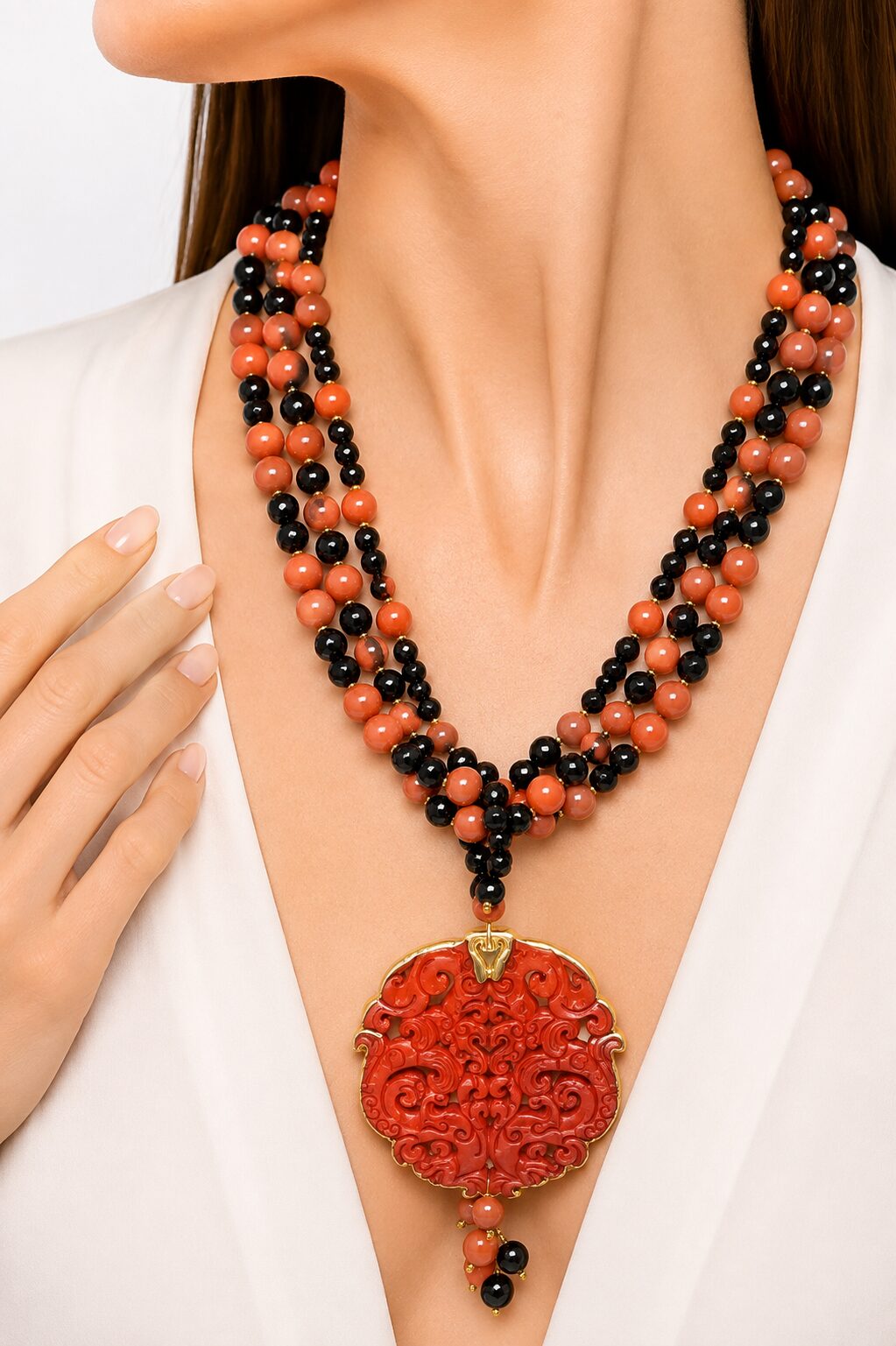 COLLANA PASTA DI CORALLO ONICE MANDALA GIADA NERO O ROSSO