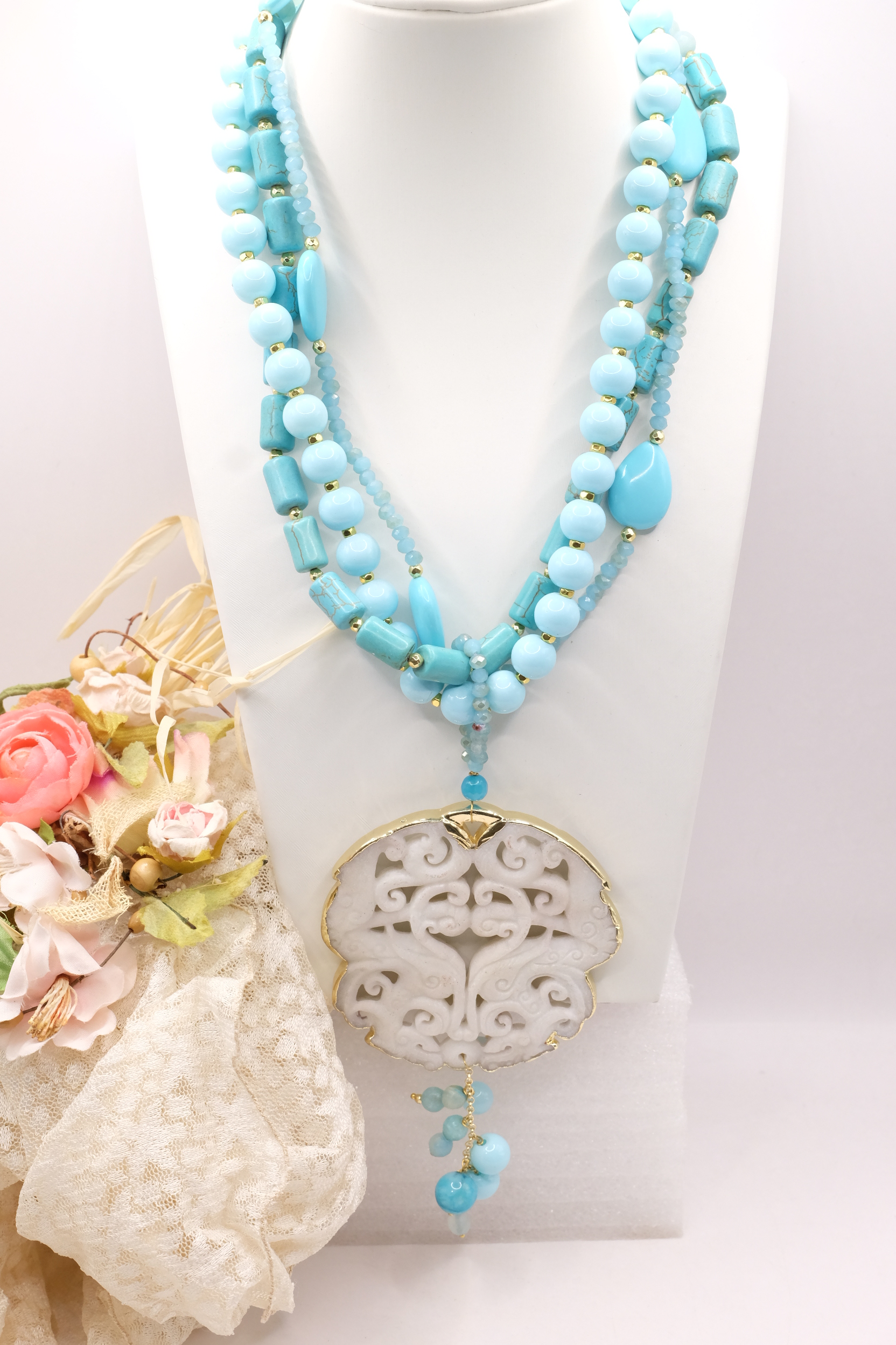 COLLANA PASTA DI TURCHESE MANDALA ARTIGIANALE BIANCO BIANCA (2)