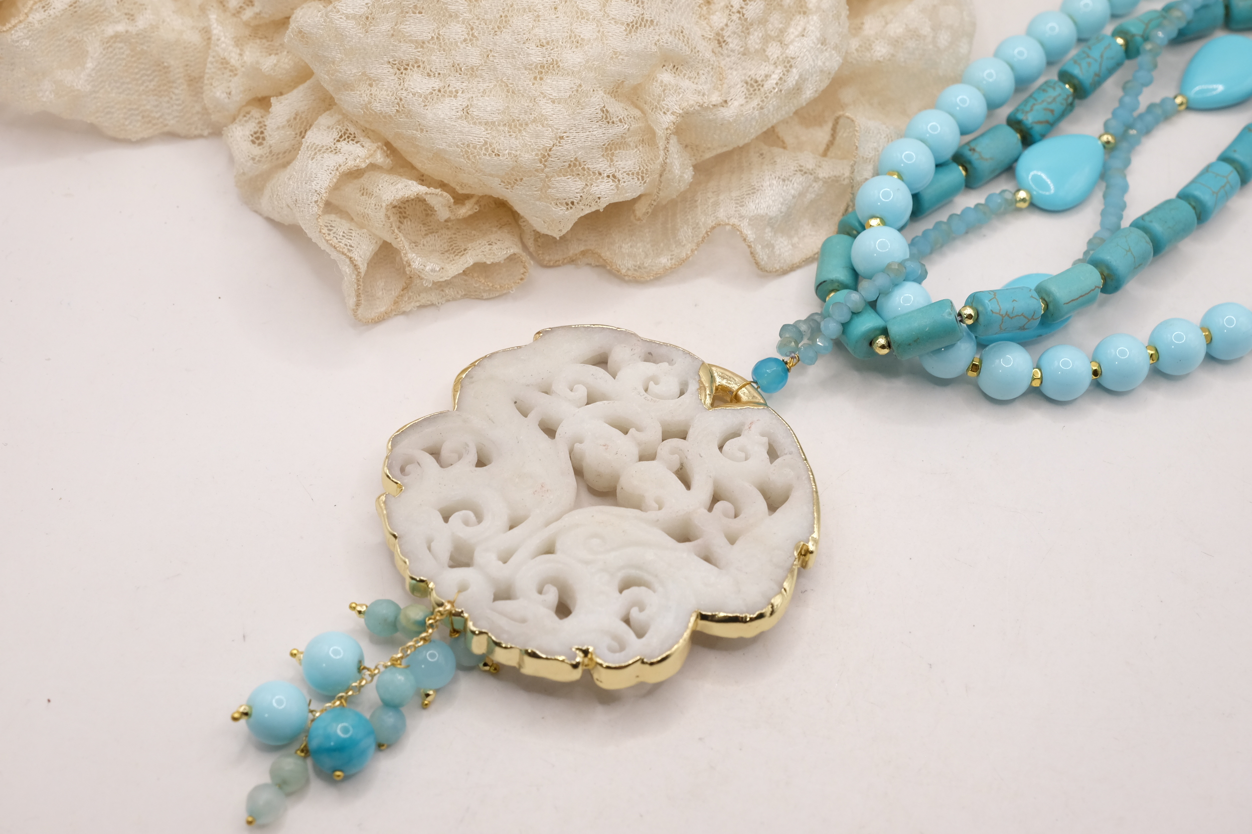 COLLANA PASTA DI TURCHESE MANDALA ARTIGIANALE BIANCO BIANCA (3)