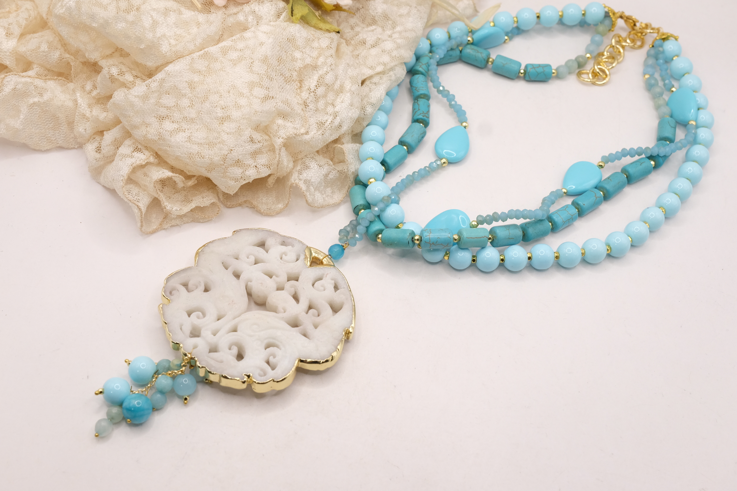 COLLANA PASTA DI TURCHESE MANDALA ARTIGIANALE BIANCO BIANCA (4)