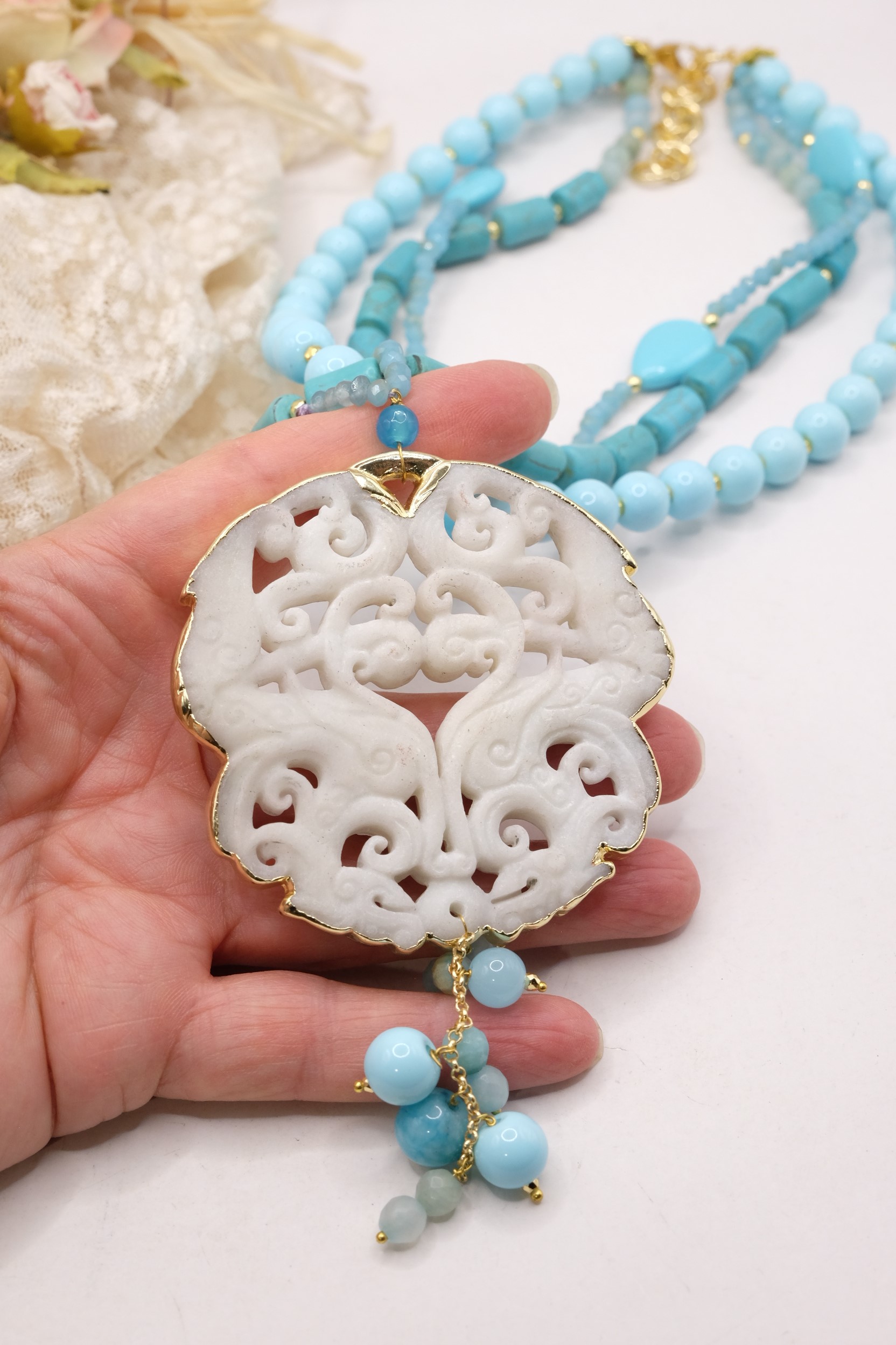 COLLANA PASTA DI TURCHESE MANDALA ARTIGIANALE BIANCO BIANCA (5)