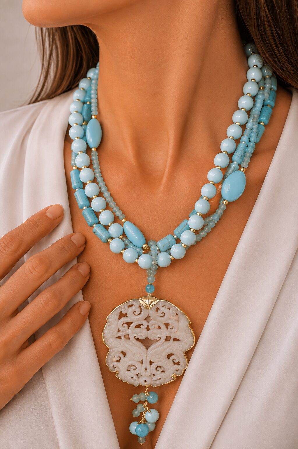 COLLANA PASTA DI TURCHESE MANDALA ARTIGIANALE BIANCO BIANCA