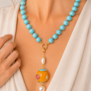 Collana Artigianale Pendente Nepalese Perla Borgogna Pasta di Turchese