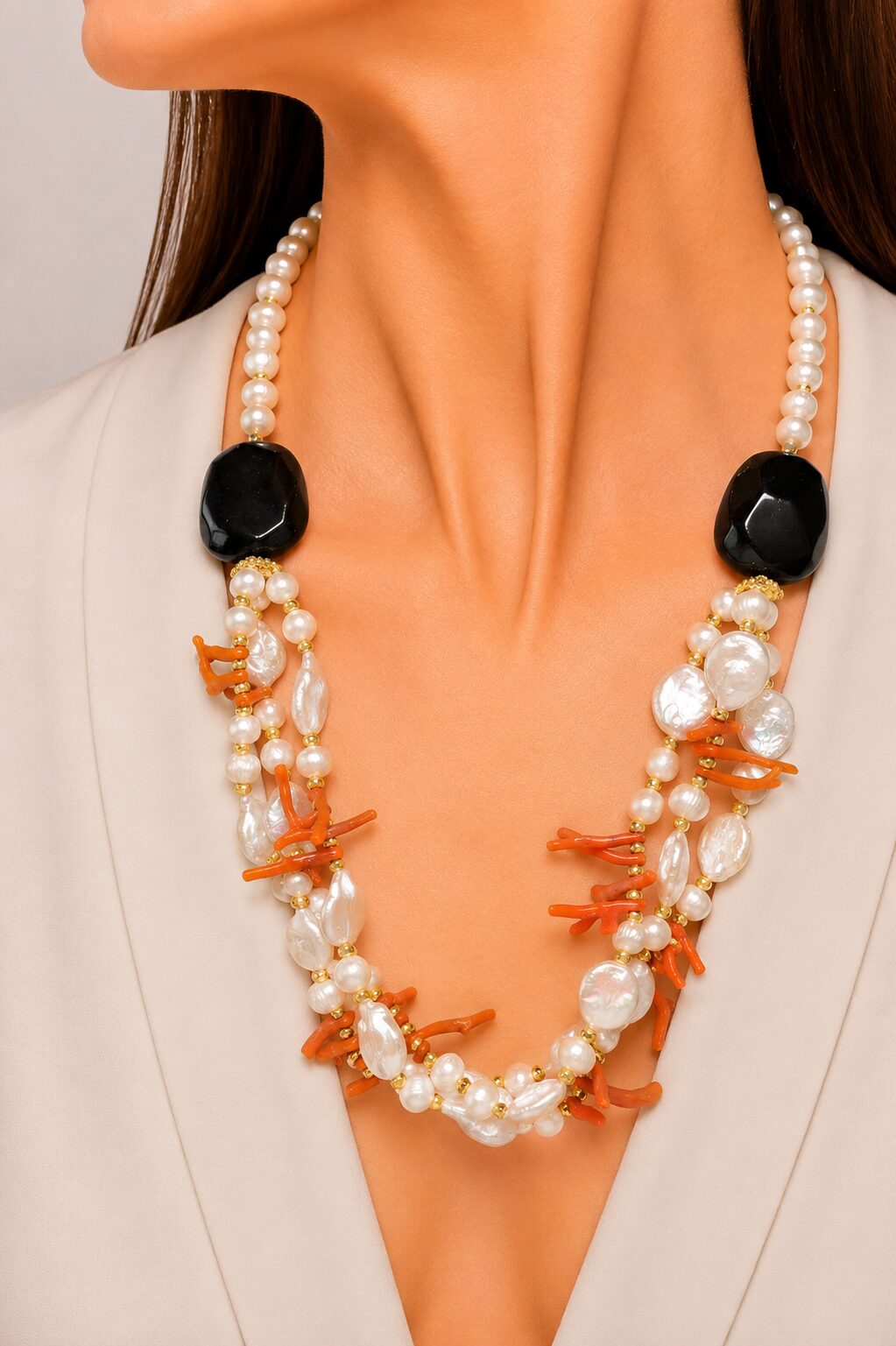 COLLANA PERLE ONICE CORALLO NATURALE ARTIGIANALE MEDITERRANEO